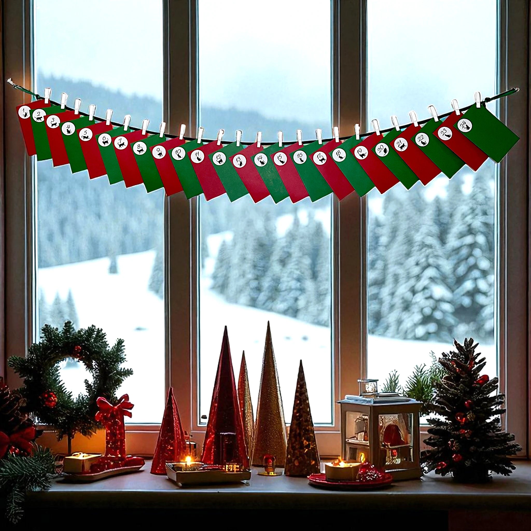 Katzen Adventskalender hängt vor einem Fenster.