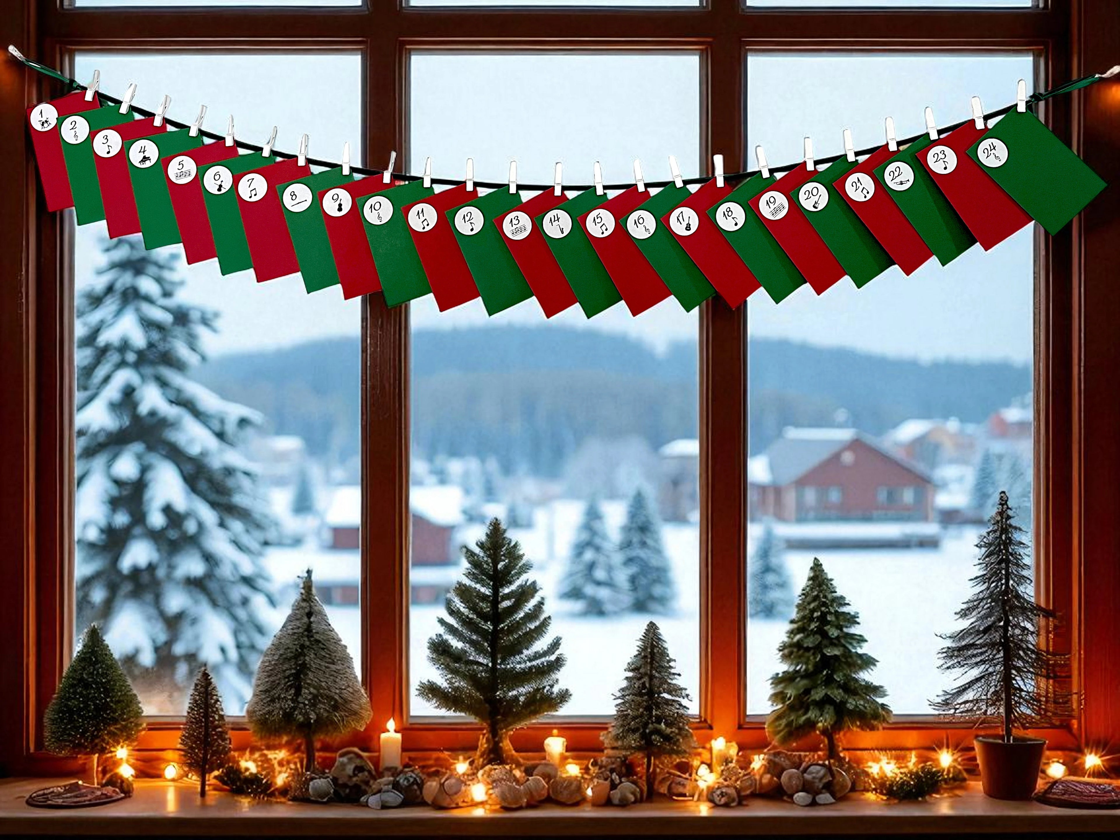 Vor einem Fenster ein Adventskalender Musik