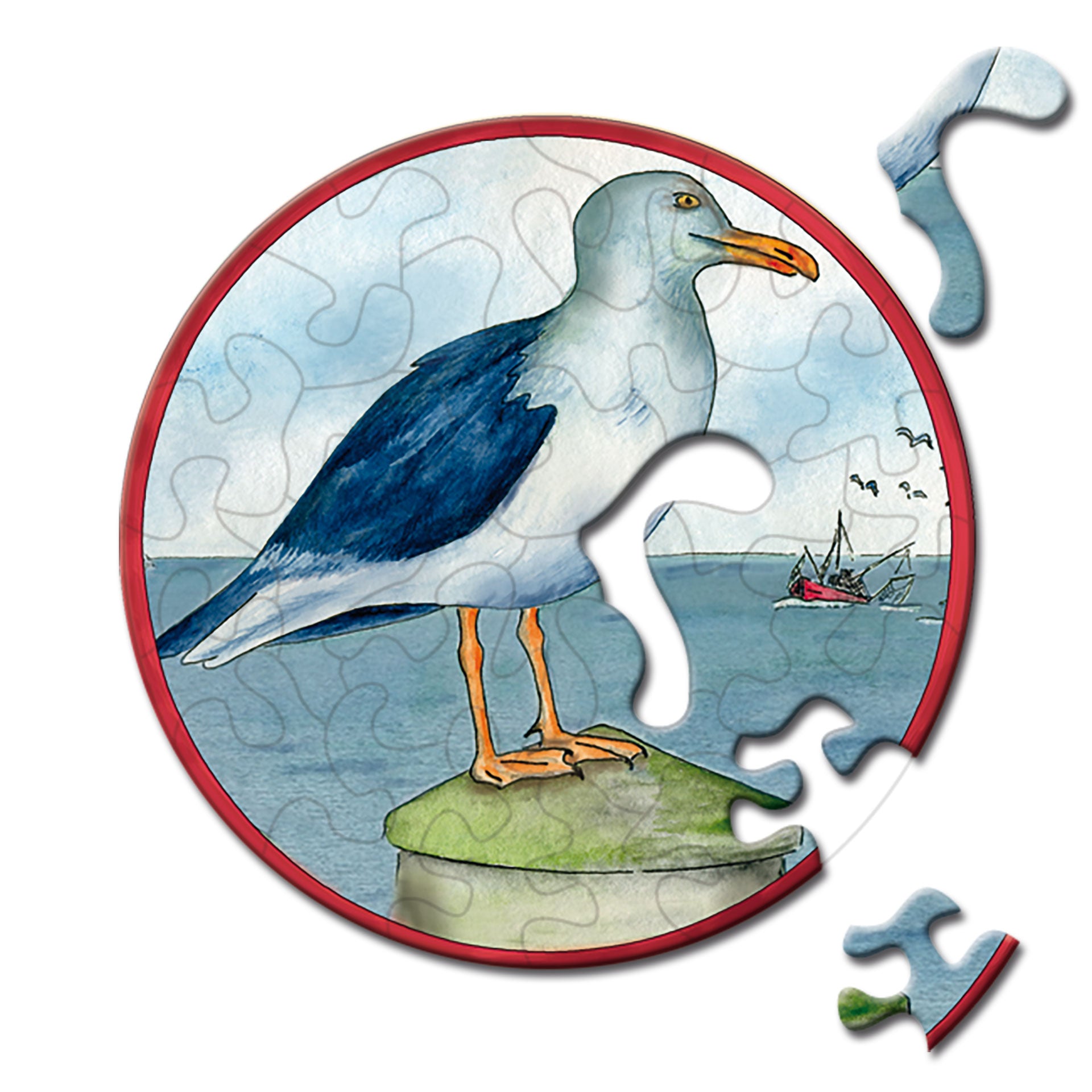 Gelegtes Curiosi Puzzle mit Möwenmotiv und außergewöhnlicher Puzzleteilform.