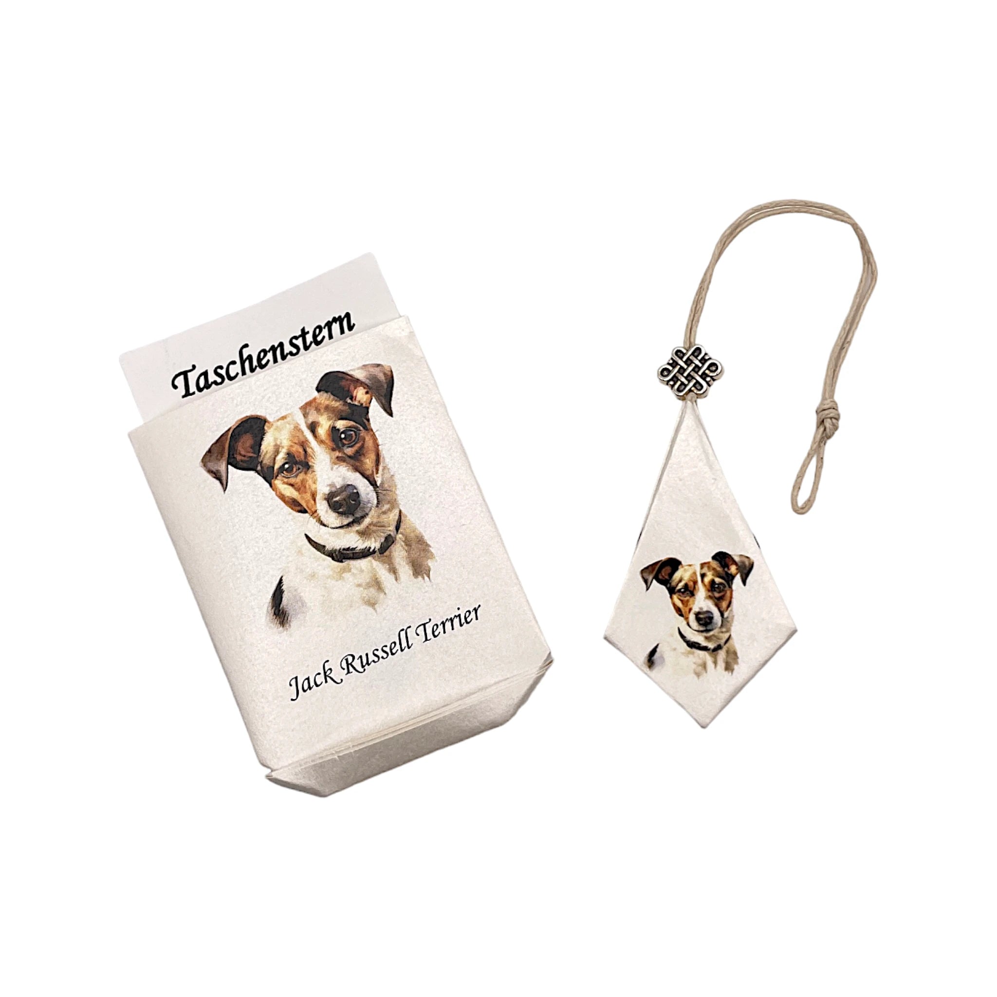 Faltstern-Taschenstern mit Jack Russell Terrier-Motiv, zusammengelegt im passenden Etui