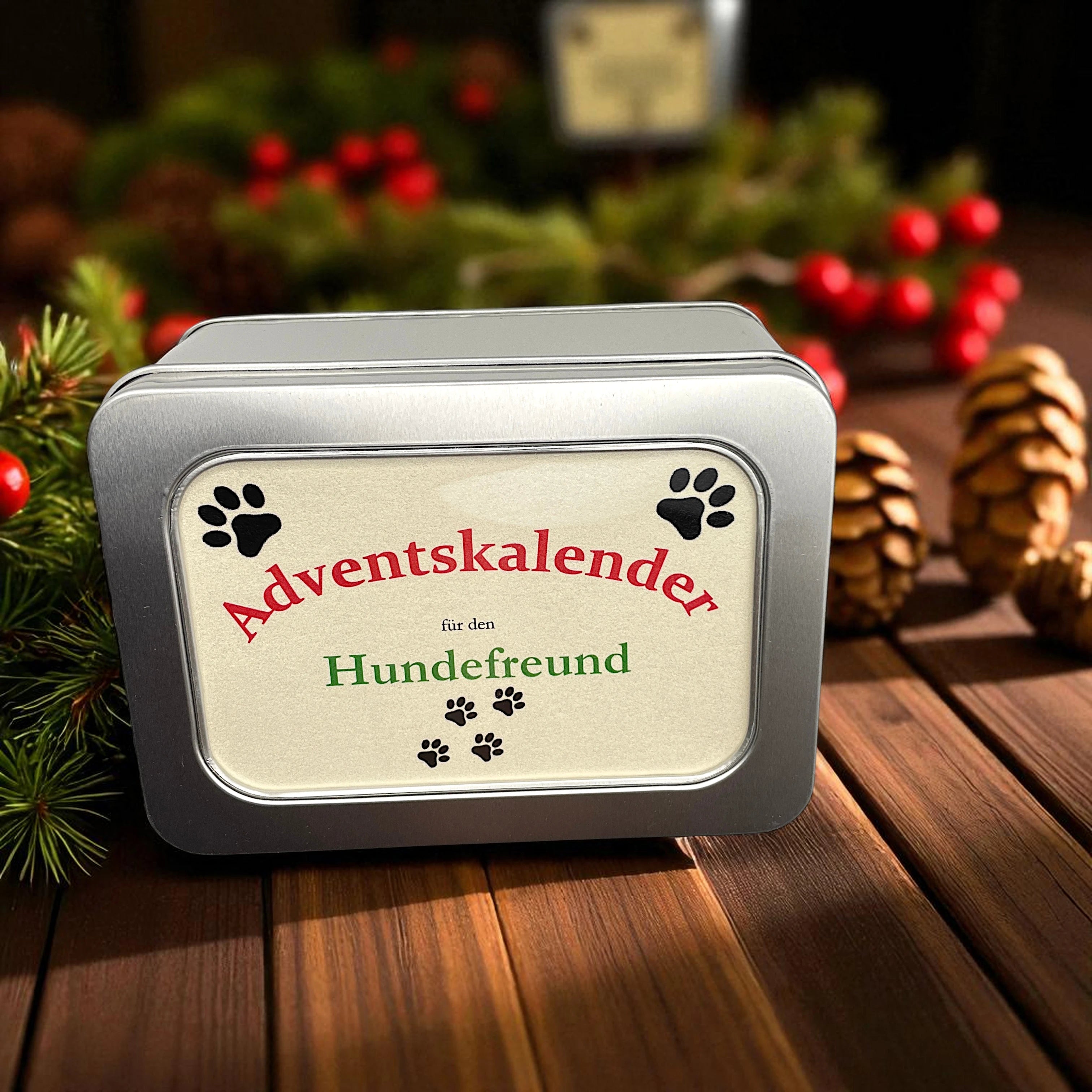 Dose auf einem Tisch mit dem Hinhalt eines Hunde Adventskalenders