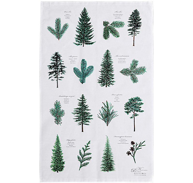 Hochwertiges Küchenhandtuch aus Bio-Baumwolle mit dekorativem Nadelbaum-Motiv im skandinavischen Design.