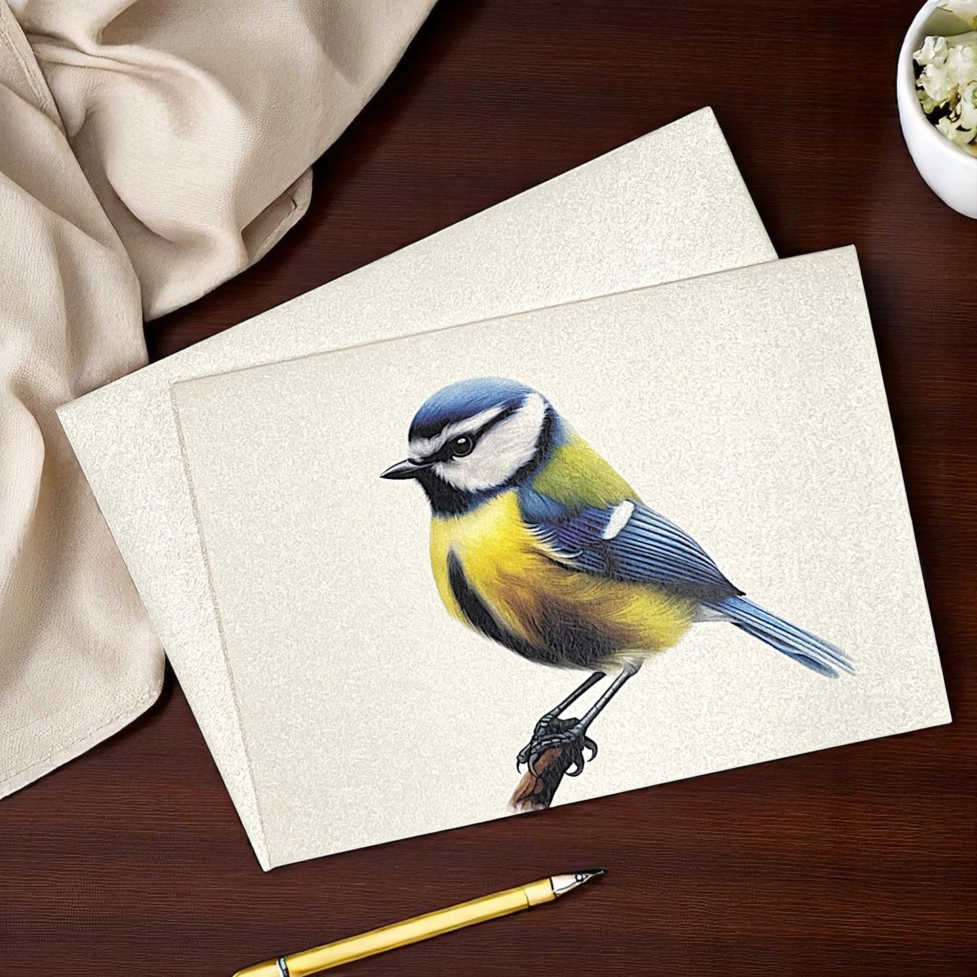 Klappkarte mit Motiv Blaumeise liegt auf einem Tisch.