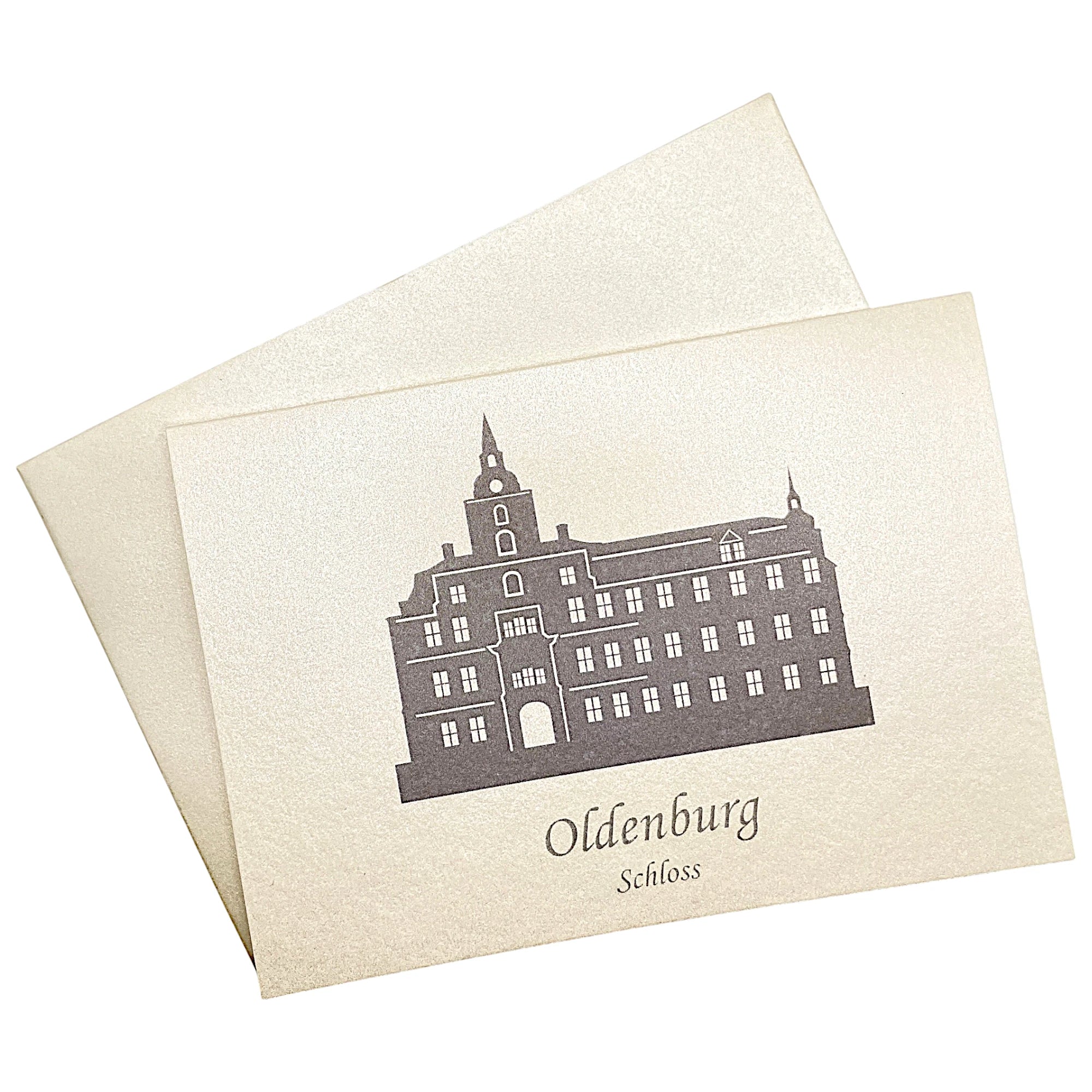 Edle Klappkarte mit dem Oldenburger Schloss in Grau – stilvoll präsentiert mit passendem Umschlag