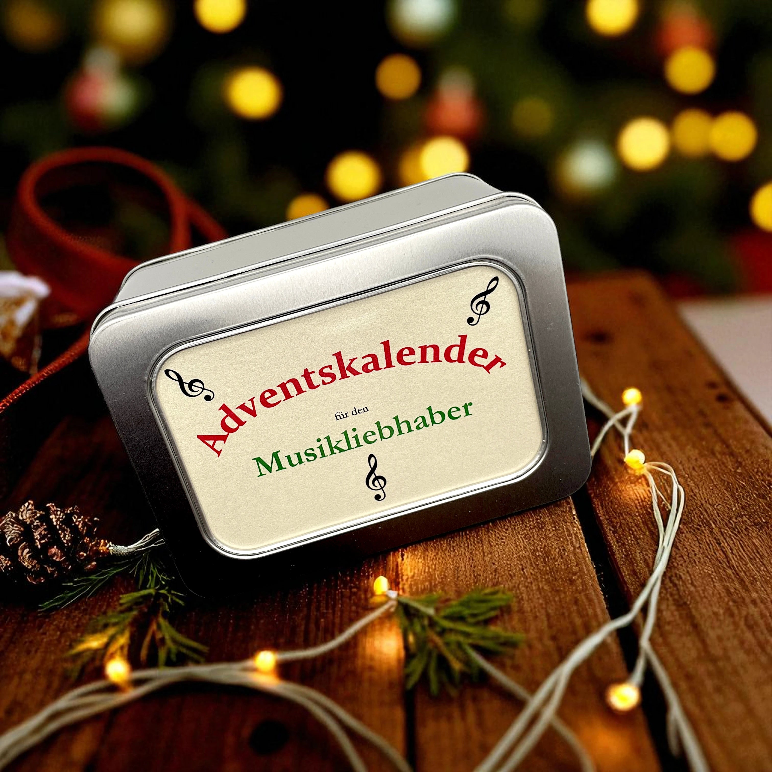 Dose mit dem Inhalt eines Adventskalenders zum Thema Musik
