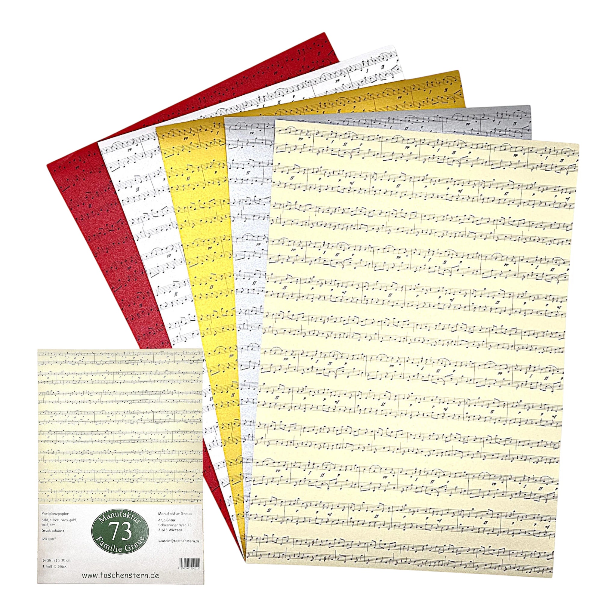 Set aus fünf Farben Perlglanzpapier mit Notendruck – Großaufnahme & Verpackung in einem Bild