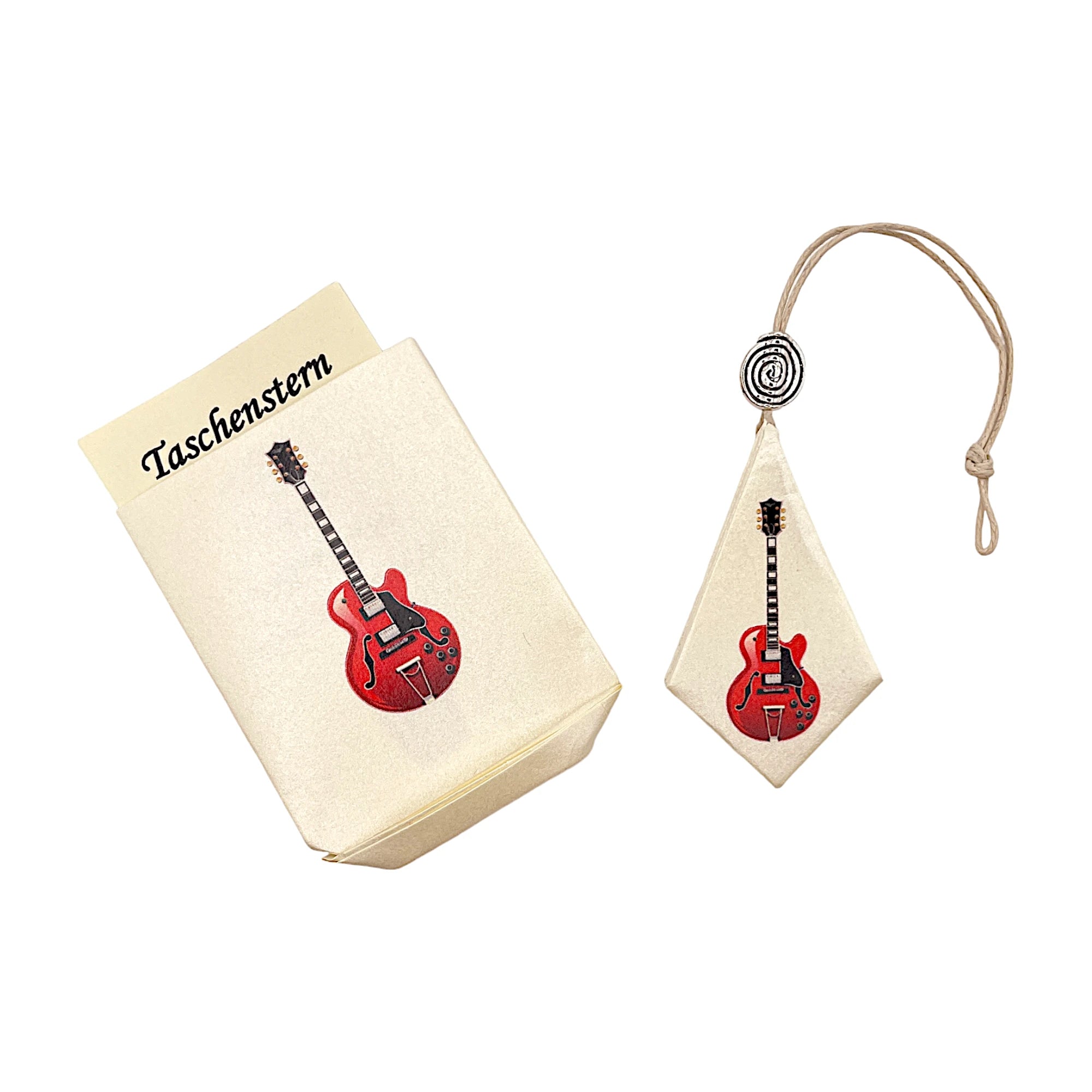 Taschenstern-Papierstern mit dem Druck E-Gitarre in rot