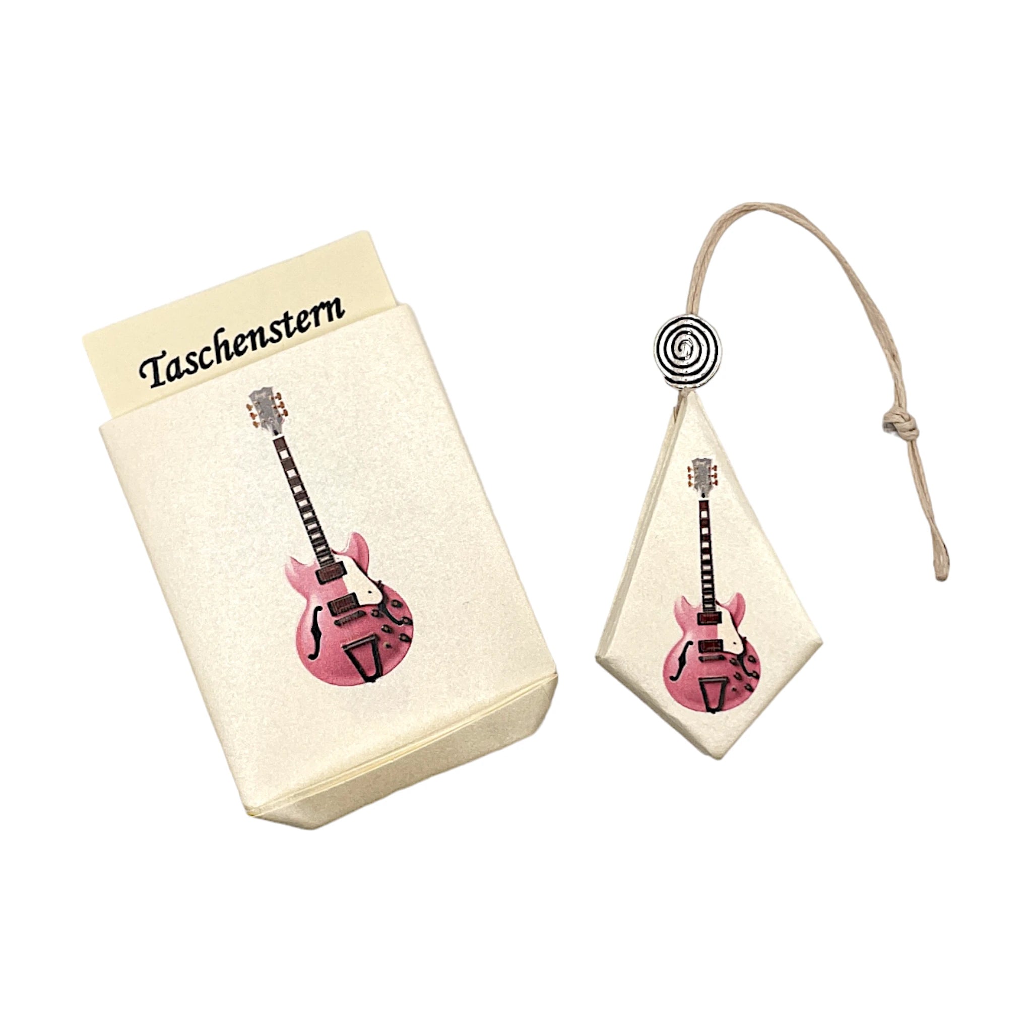 Taschenstern-Papierstern mit dem Motiv E-Gitarre in rosa, mit Etui und geschlossen