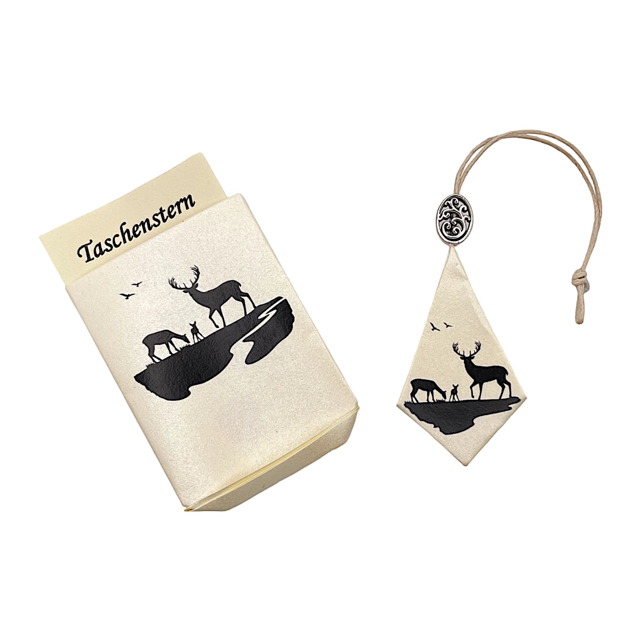 Faltstern-Taschenstern mit Hirschmotiv, zusammengelegt im passenden Etui