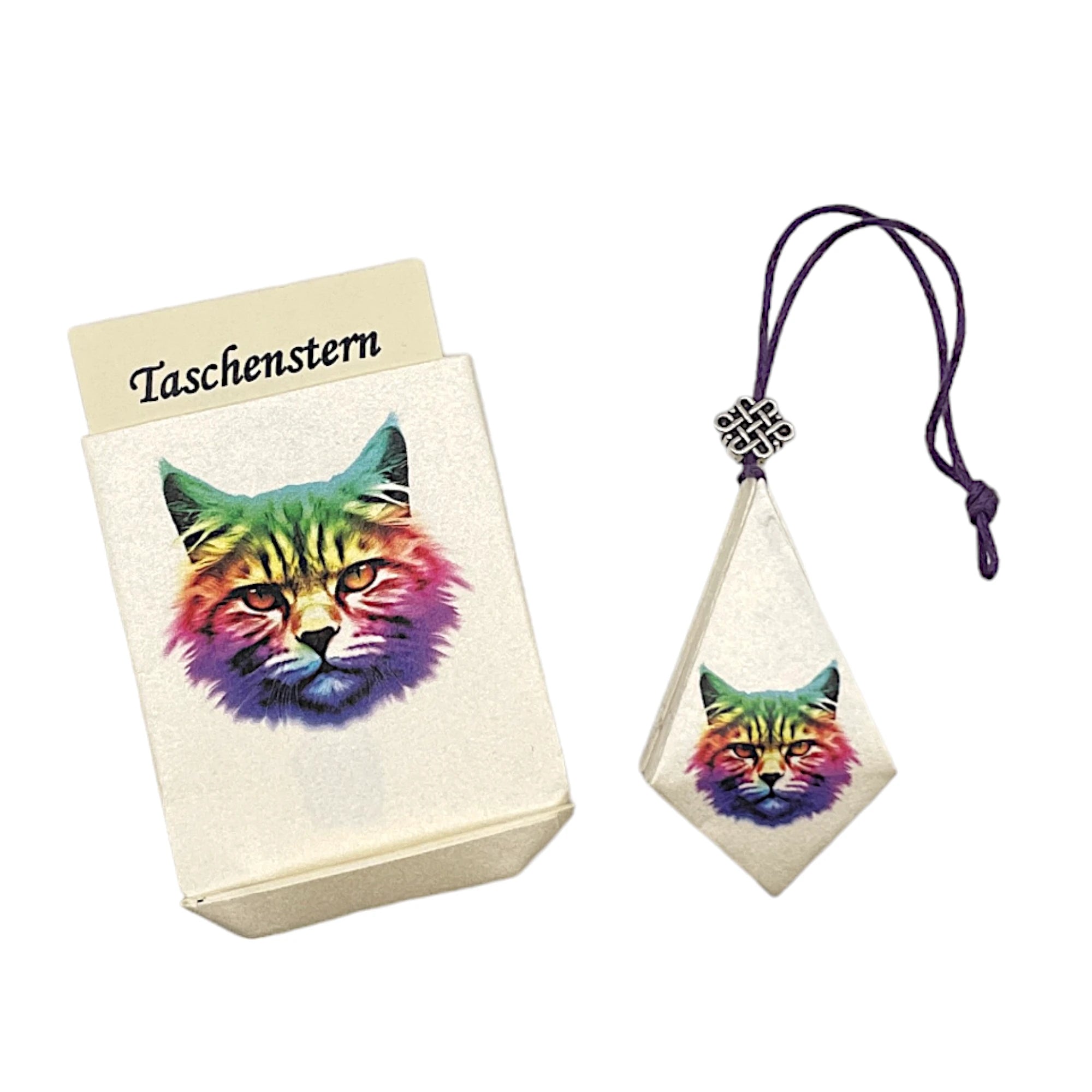 Taschenstern-Papierstern mit Etui, Motiv Katze bunt