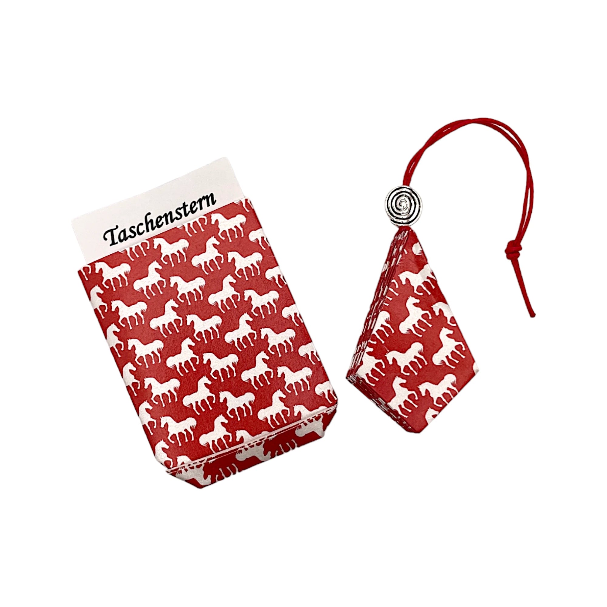 Taschenstern-Papierstern als Etui mit roten Hintertgrund und Pferde