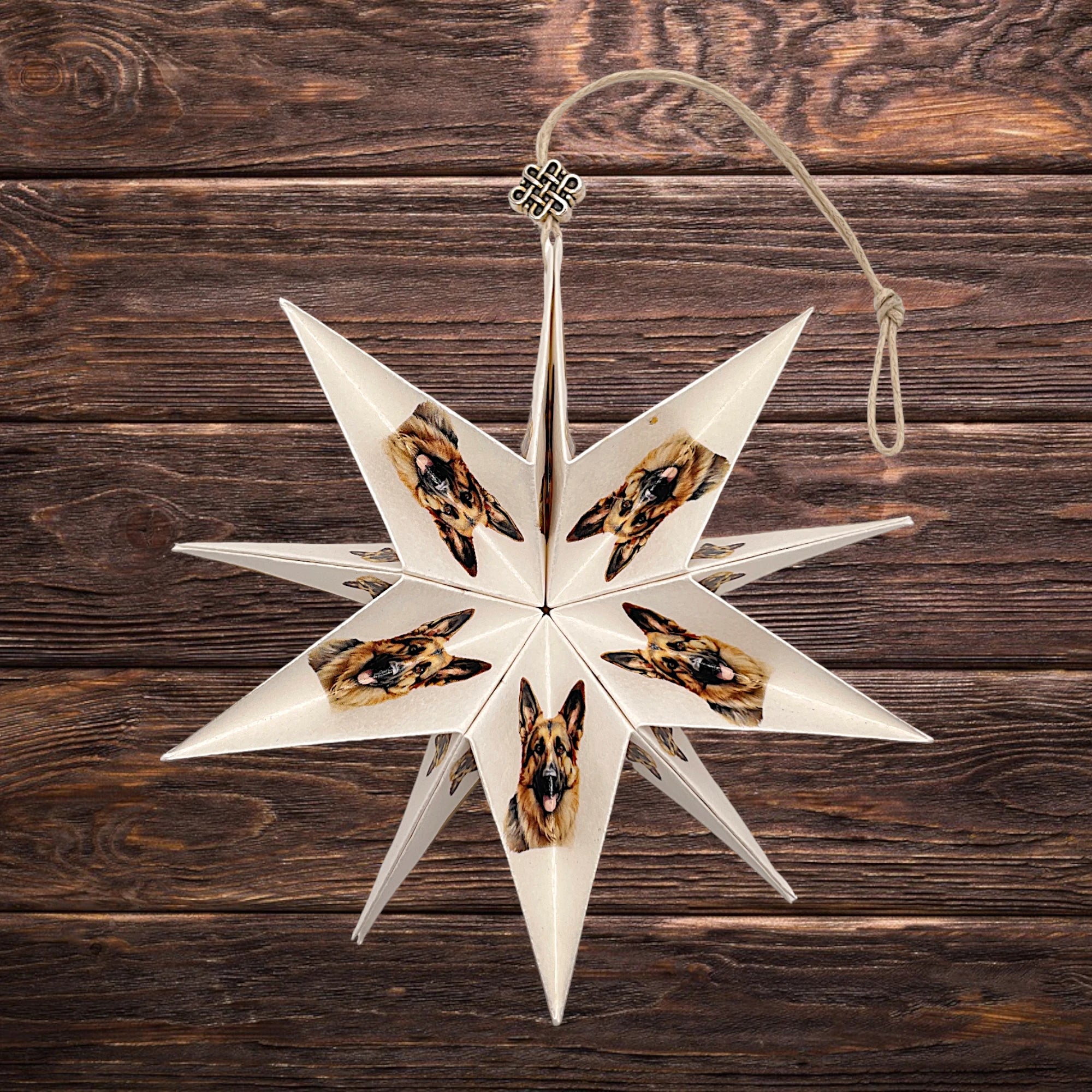 Taschenstern-Papierstern mit Holz und Schäferhund