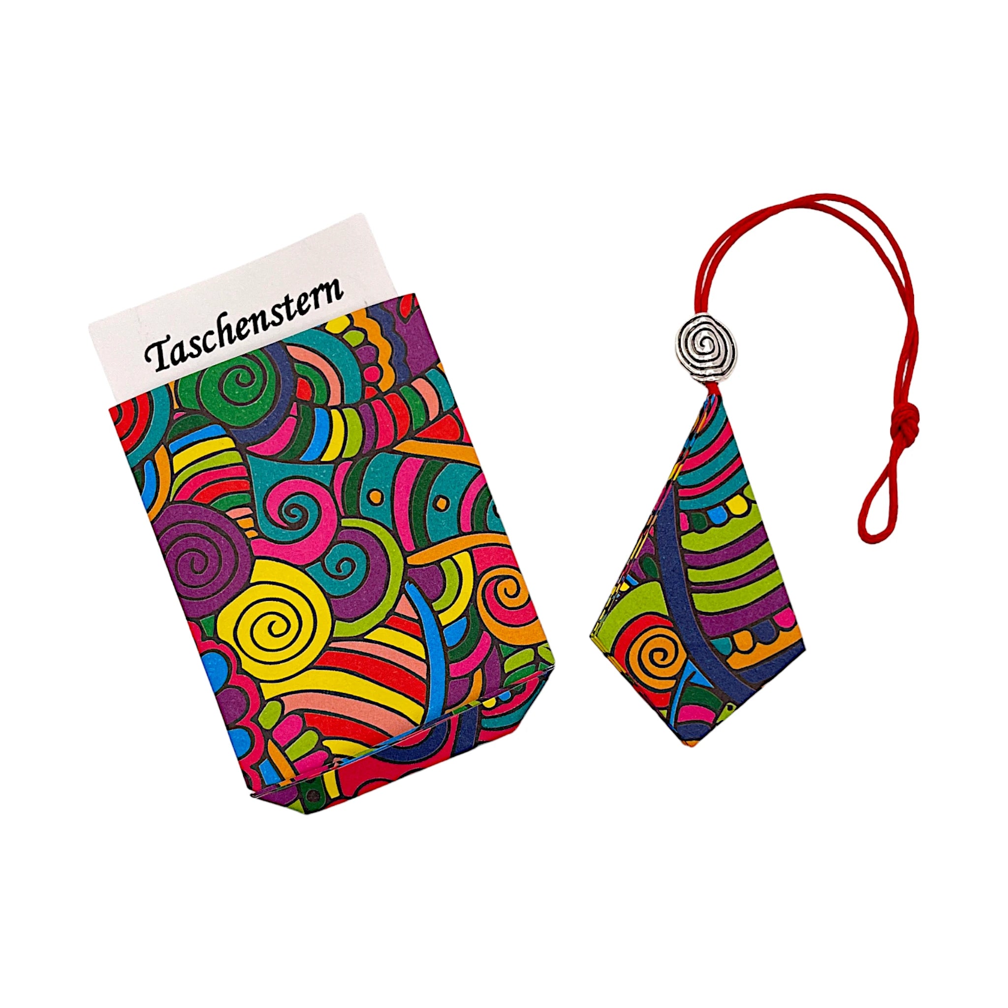 Zusammengelfalteter Papierstern im bunten Design, sicher im passenden Etui verpackt