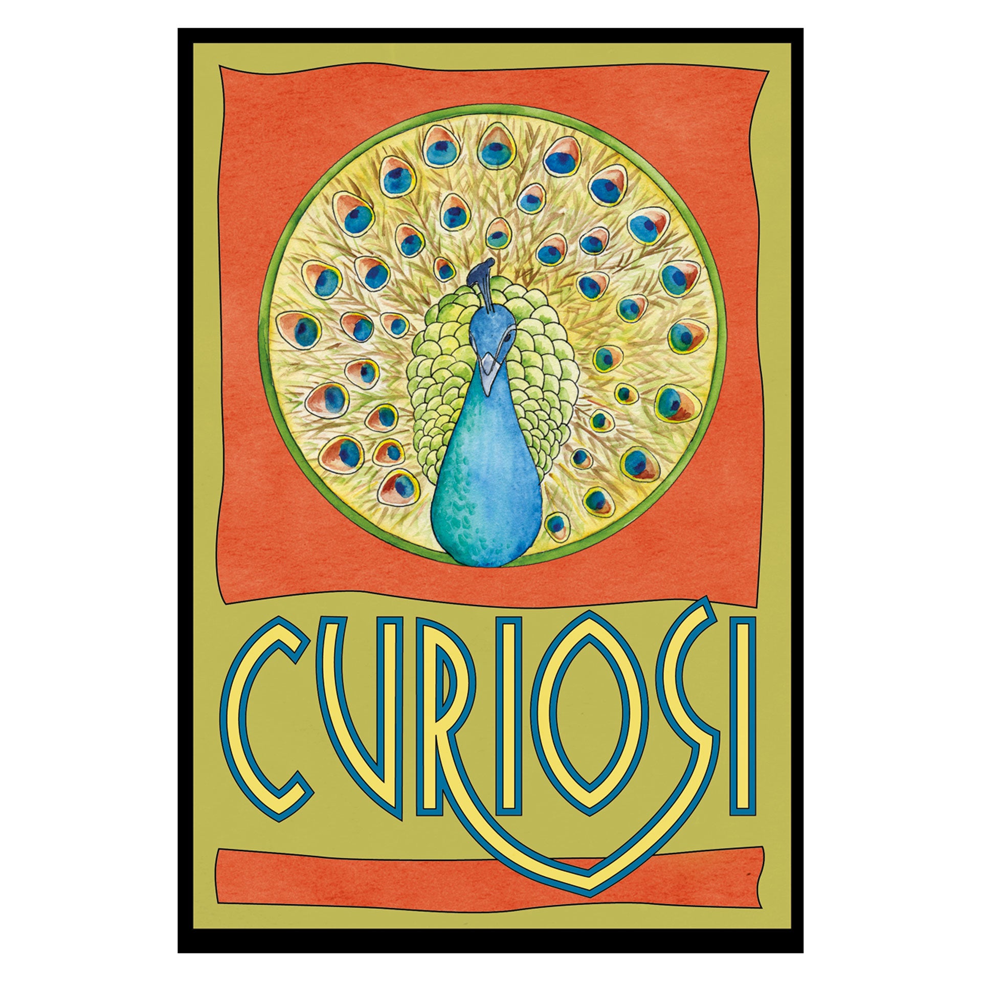 Verpackung des Curiosi Picoli Puzzles „Pfau“ mit kunstvollem Aquarellmotiv.