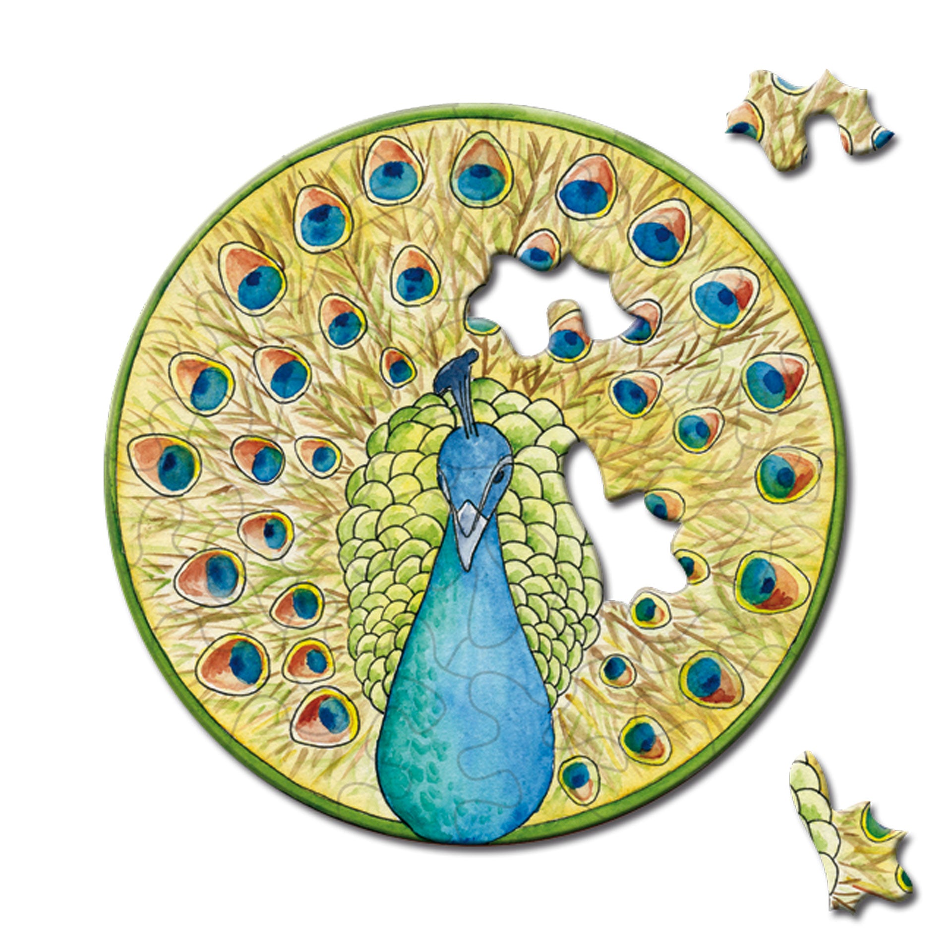 Rundes Curiosi Picoli Puzzle „Pfau“ mit kunstvollem Aquarellmotiv und 33 einzigartigen Puzzleteilen.
