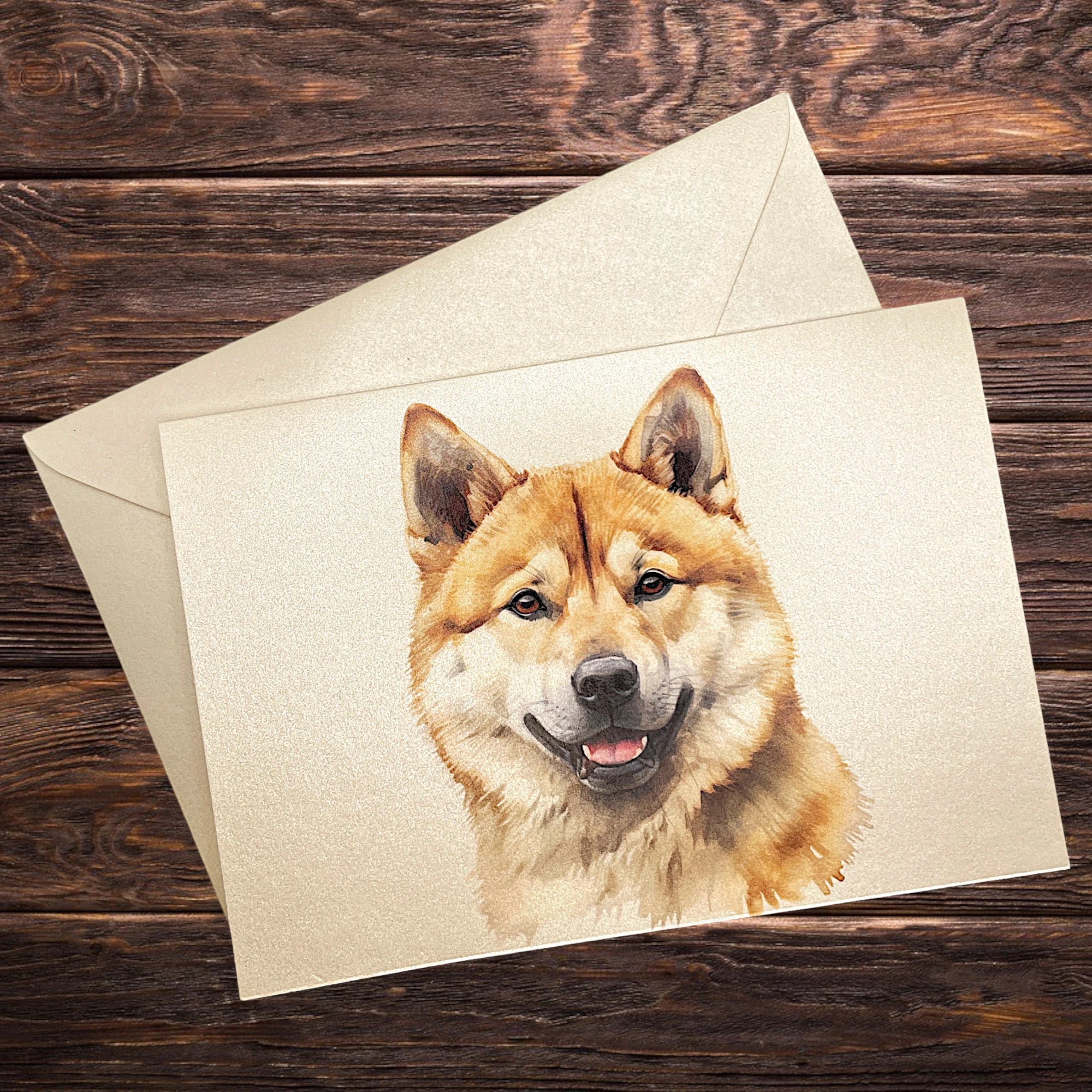 Hunde-Klappkarte mit Akita, dekorativ präsentiert auf rustikalem Holztisch