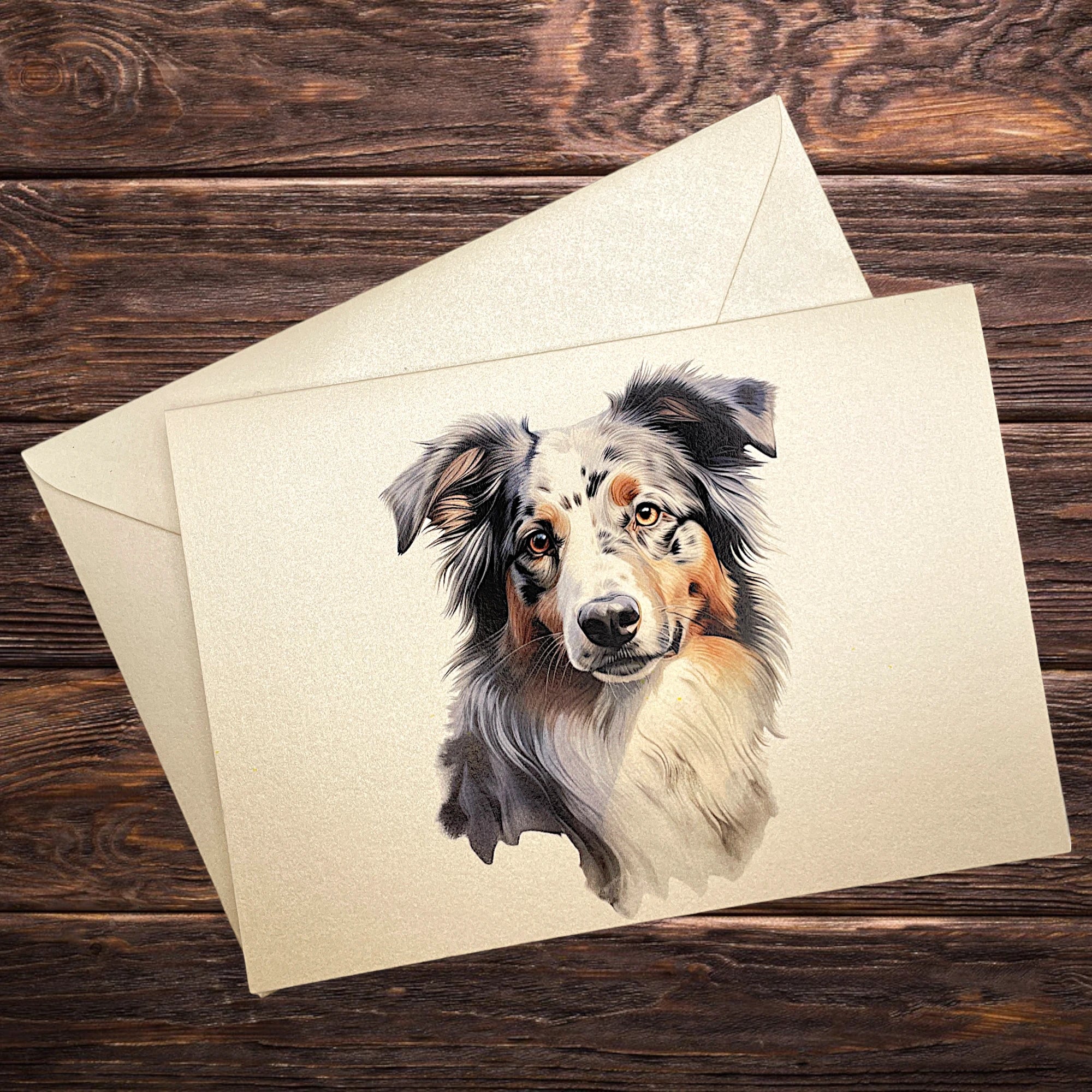 Hunde-Klappkarte mit Australian Shepherd, dekorativ präsentiert auf rustikalem Holztisch