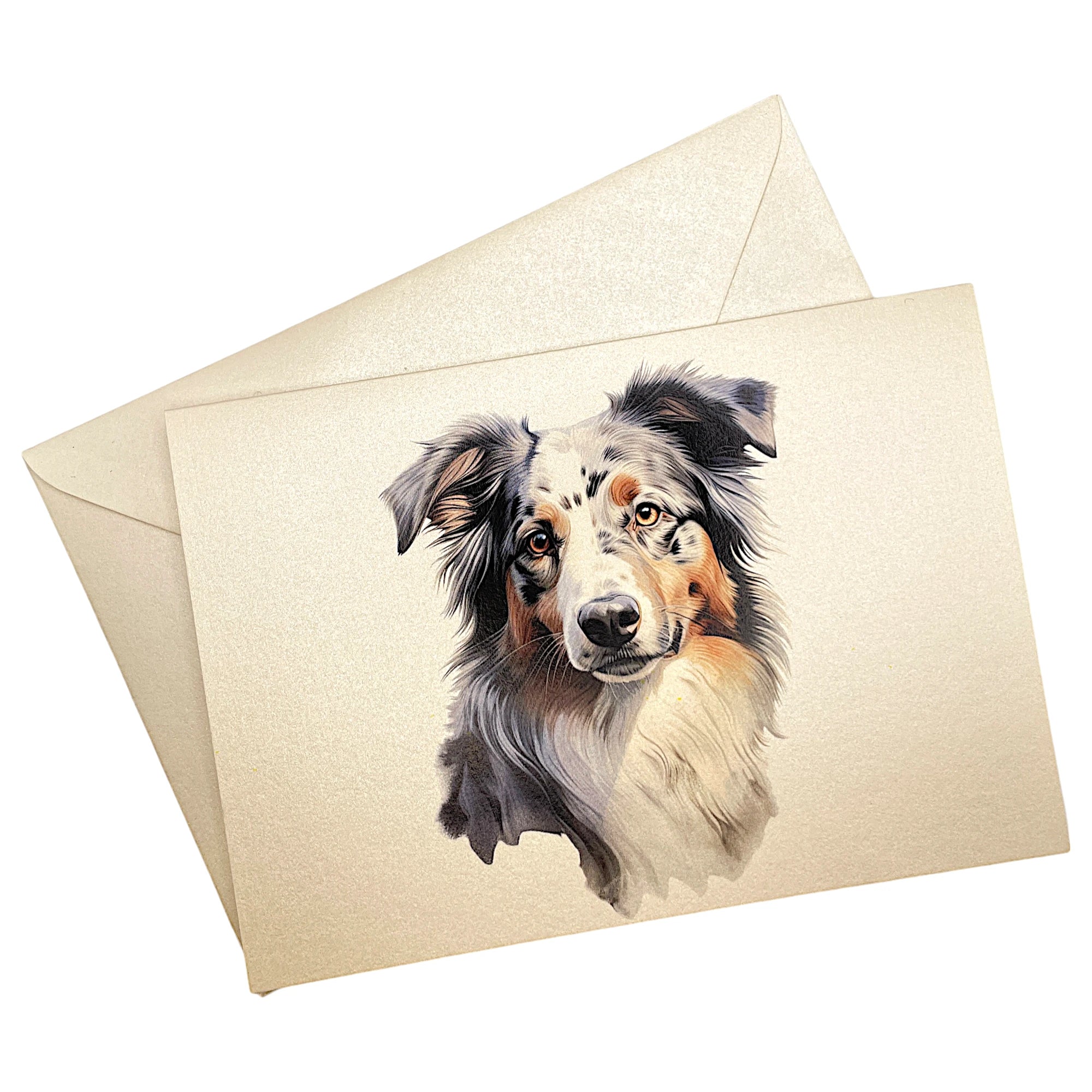 Klappkarte mit Australian Shepherd auf passendem Umschlag aus Perlglanzpapier