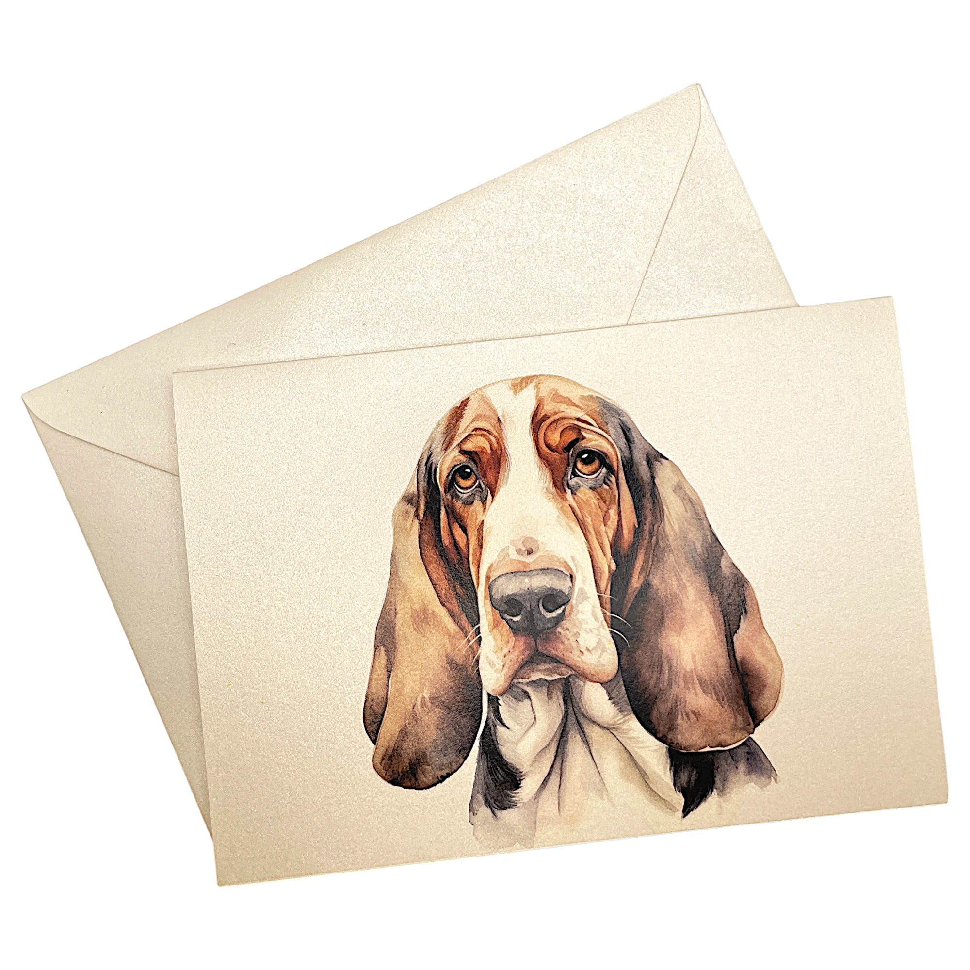 Klappkarte mit Basset auf passendem Umschlag aus Perlglanzpapier