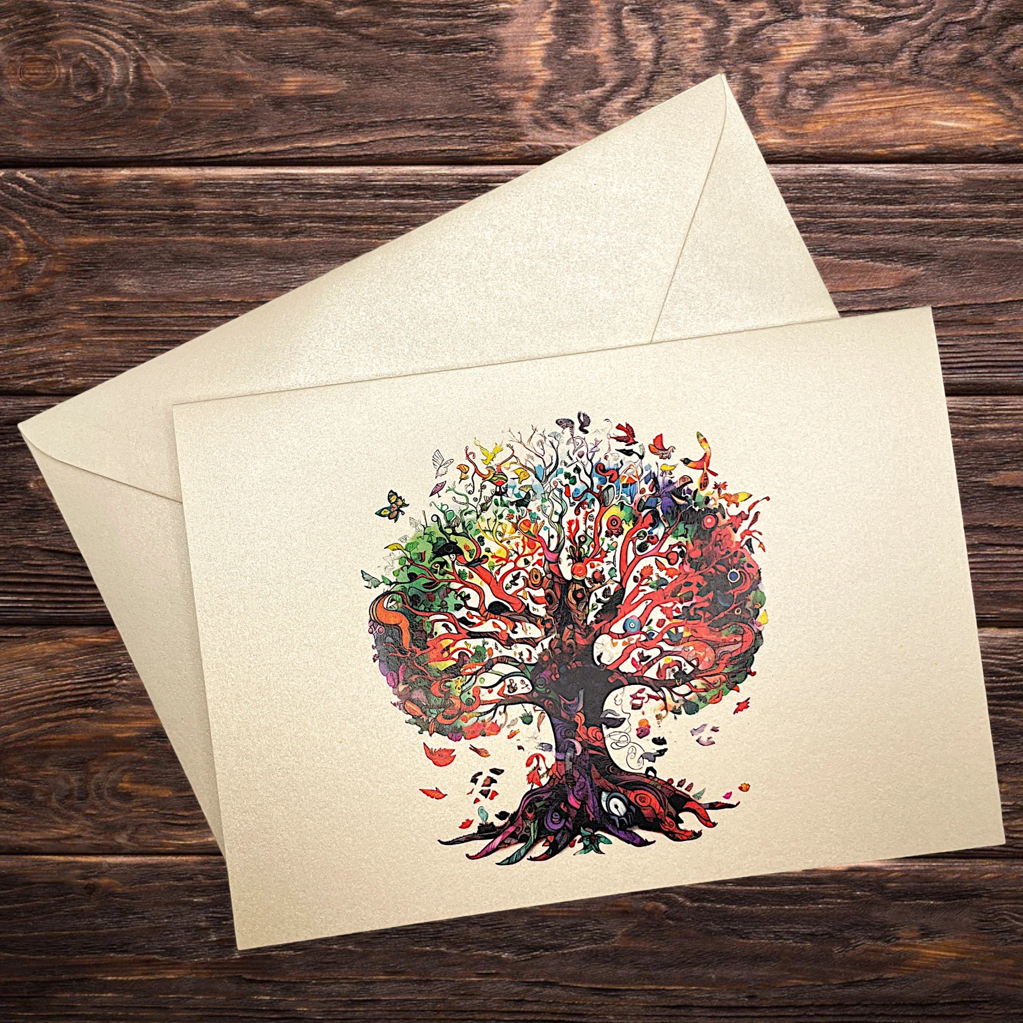 Symbolische Klappkarte mit buntem Baum des Lebens, dekorativ präsentiert auf rustikalem Holztisch