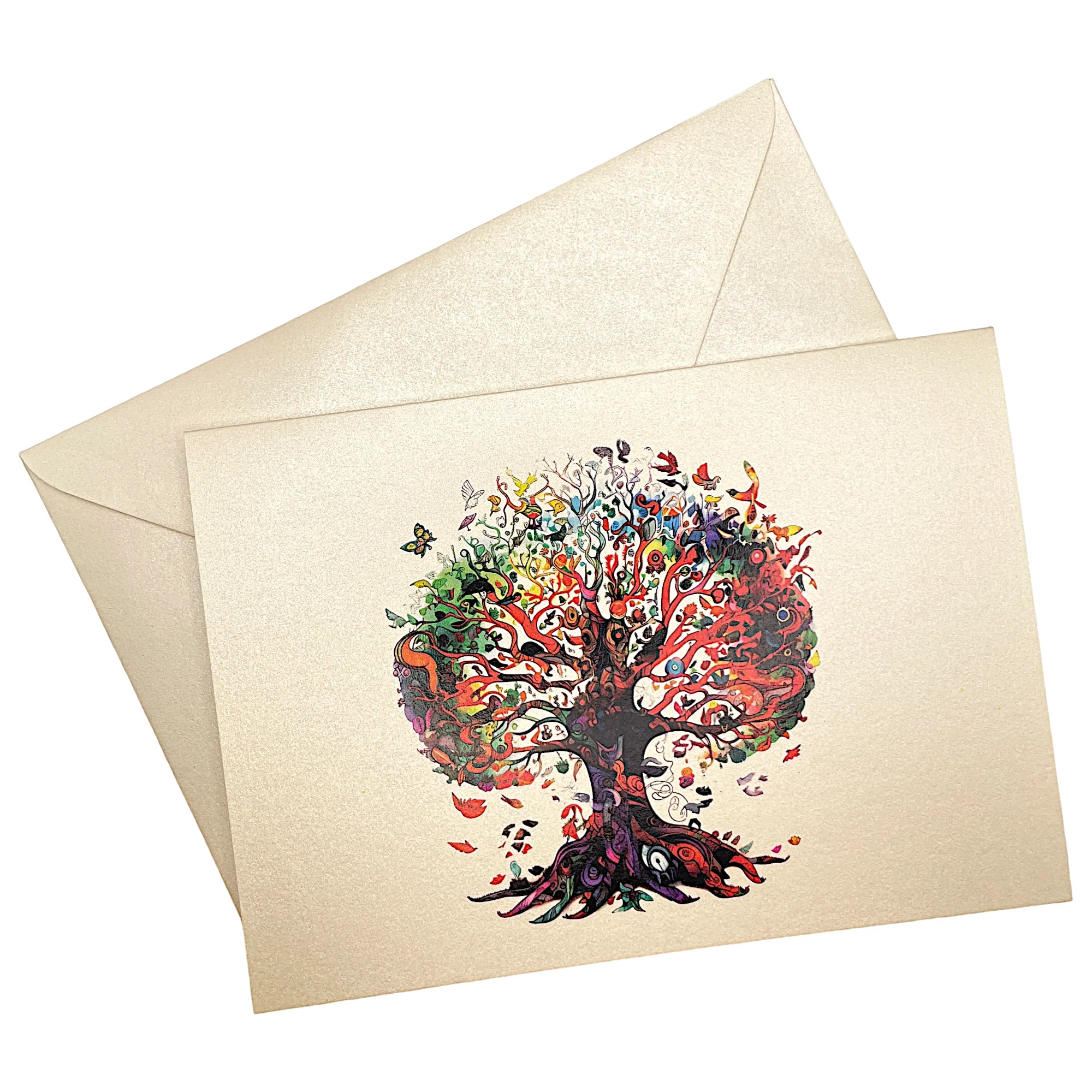 Klappkarte mit buntem Baum des Lebens auf passendem Umschlag aus Perlglanzpapier