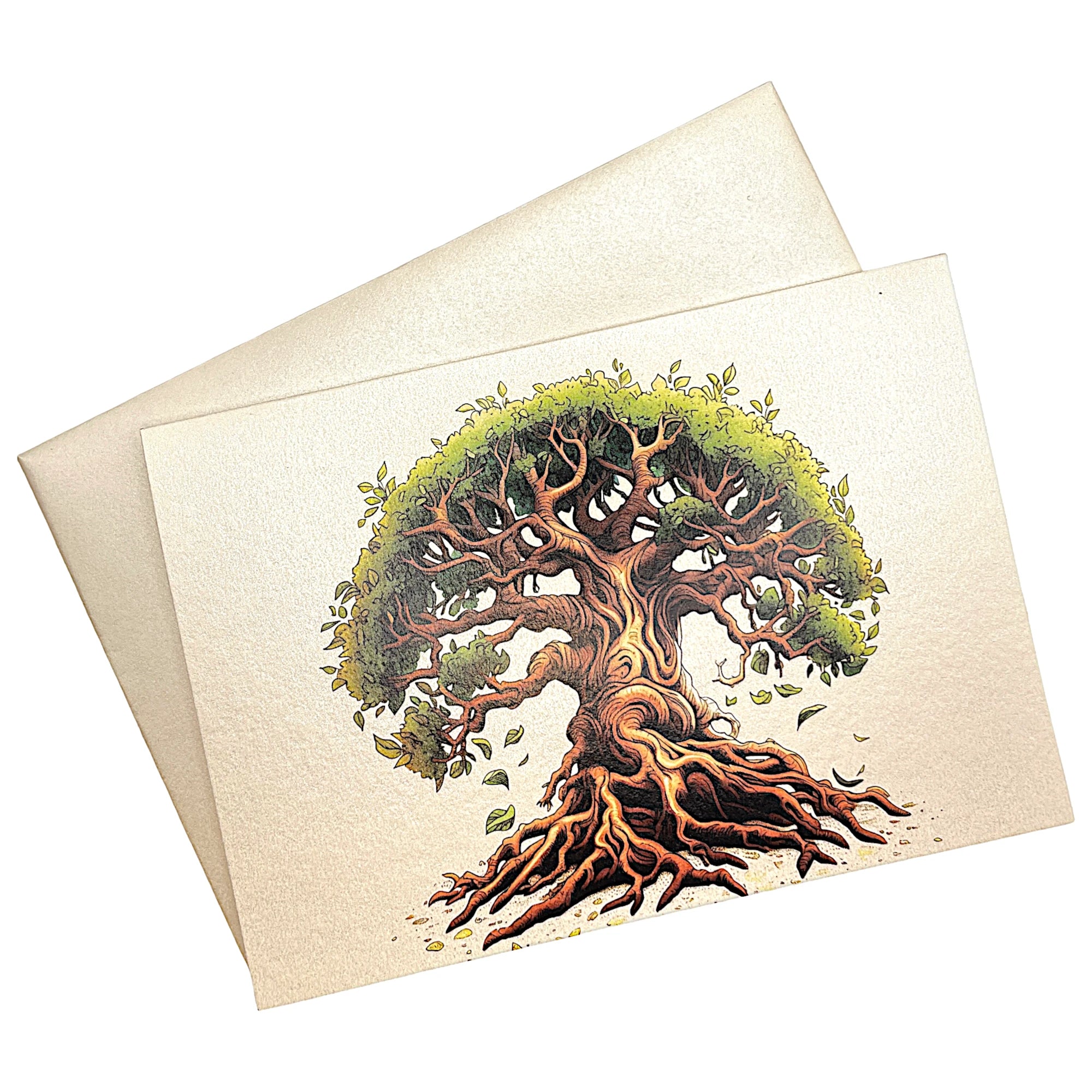 Klappkarte mit grünem Baum des Lebens auf passendem Umschlag aus Perlglanzpapier