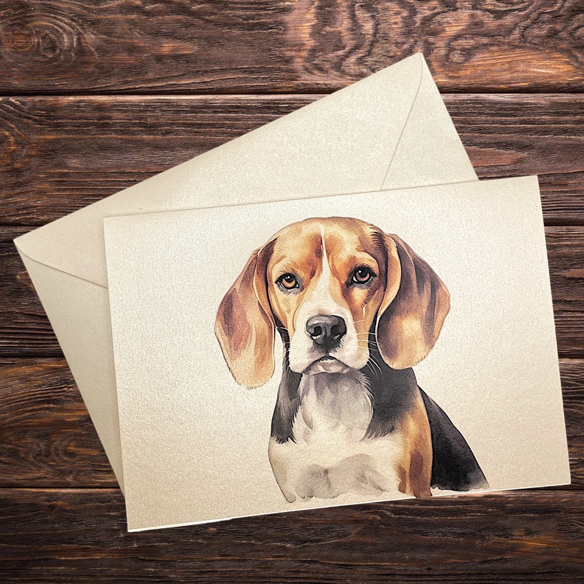 Hunde-Klappkarte mit Beagle, dekorativ präsentiert auf rustikalem Holztisch
