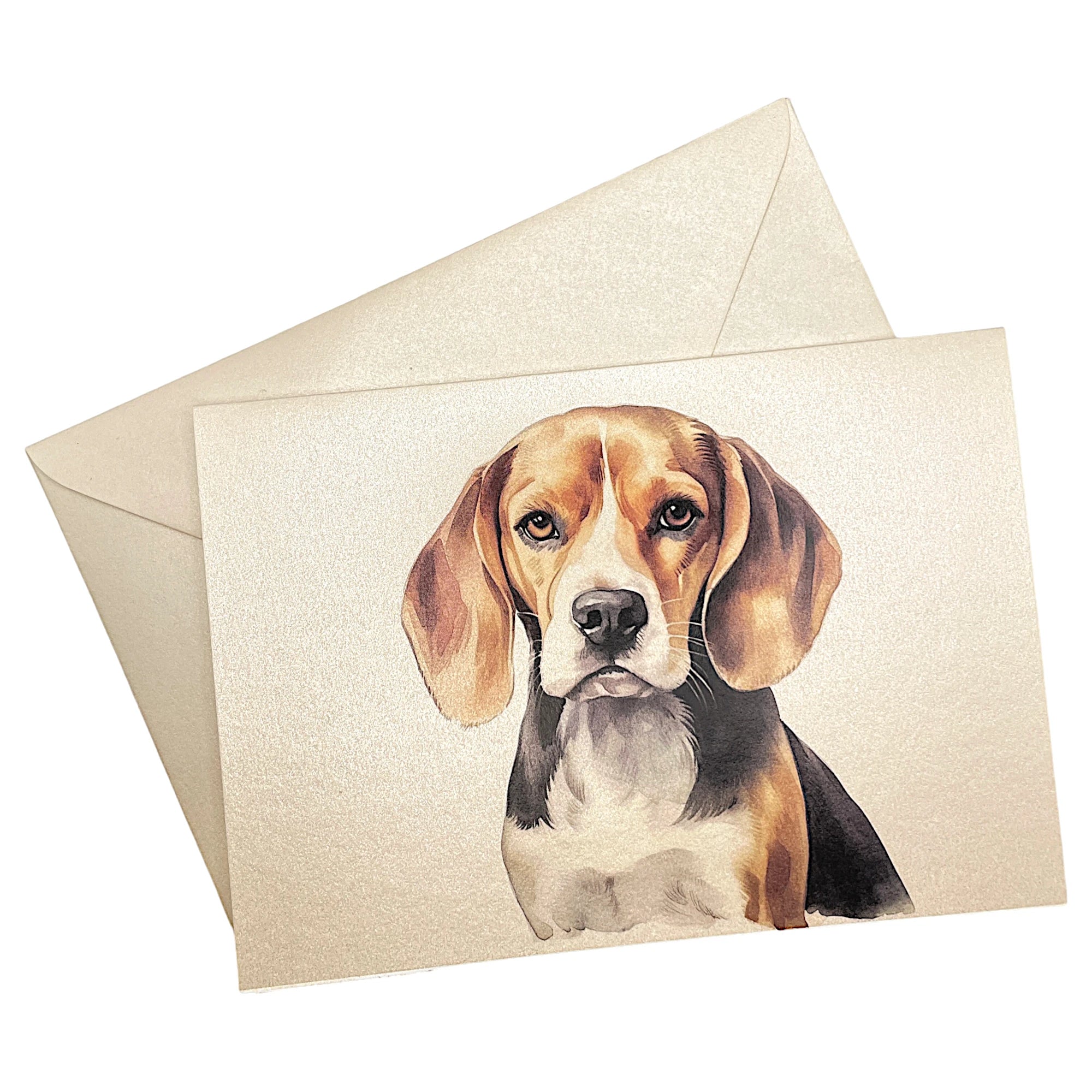 Klappkarte mit fröhlichem Beagle auf passendem Umschlag aus Perlglanzpapier
