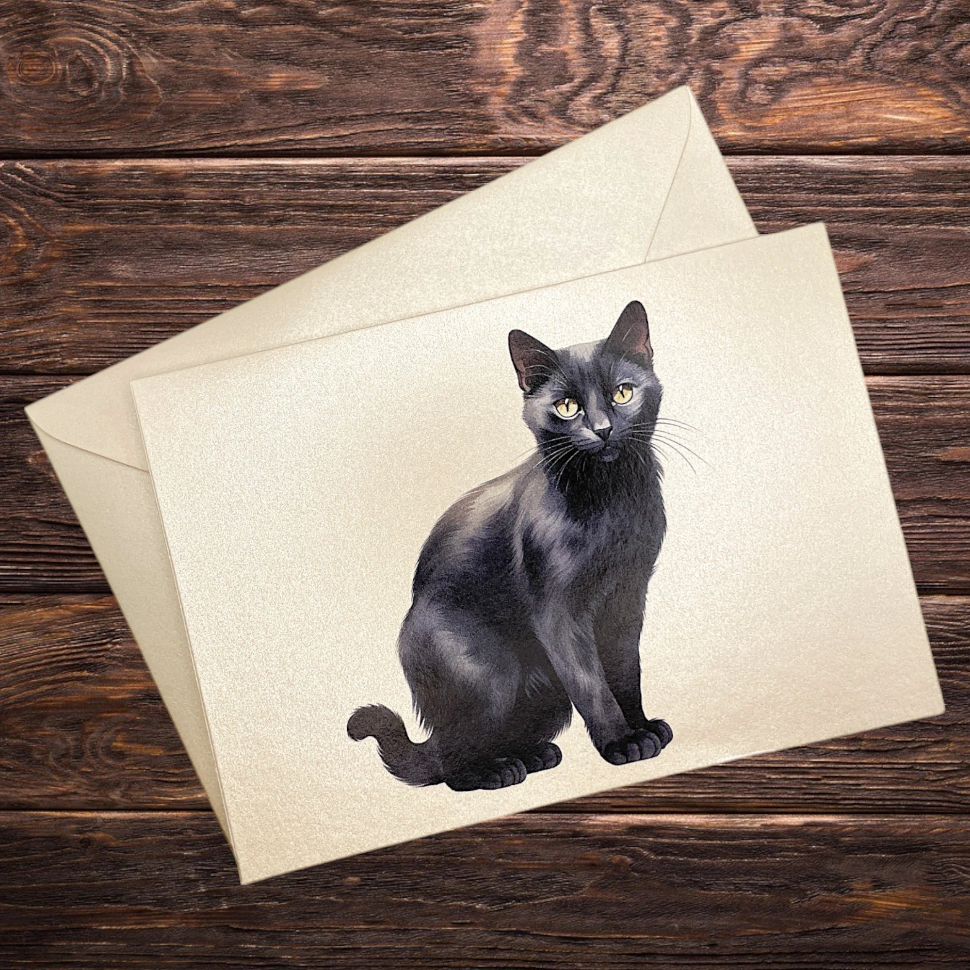 Edle Klappkarte mit Bombay-Katze, dekorativ präsentiert auf rustikalem Holztisch
