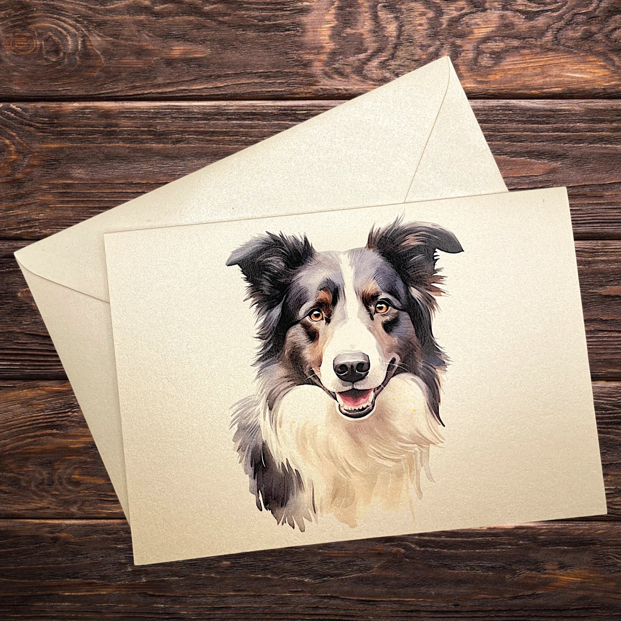 Hunde-Klappkarte mit Border Collie, präsentiert auf rustikalem Holztisch