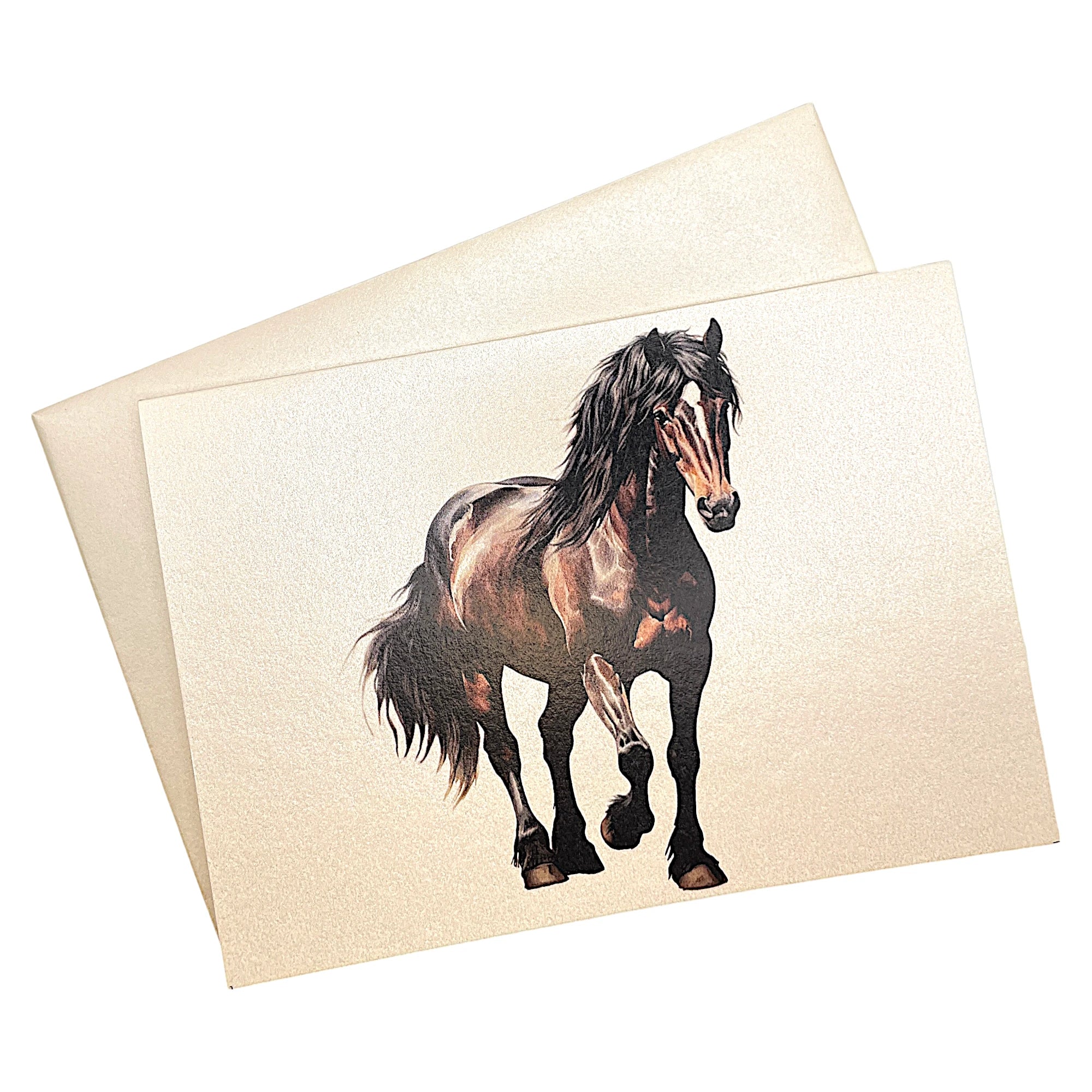 Klappkarte mit Brauner-Pferd auf passendem Umschlag aus Perlglanzpapier