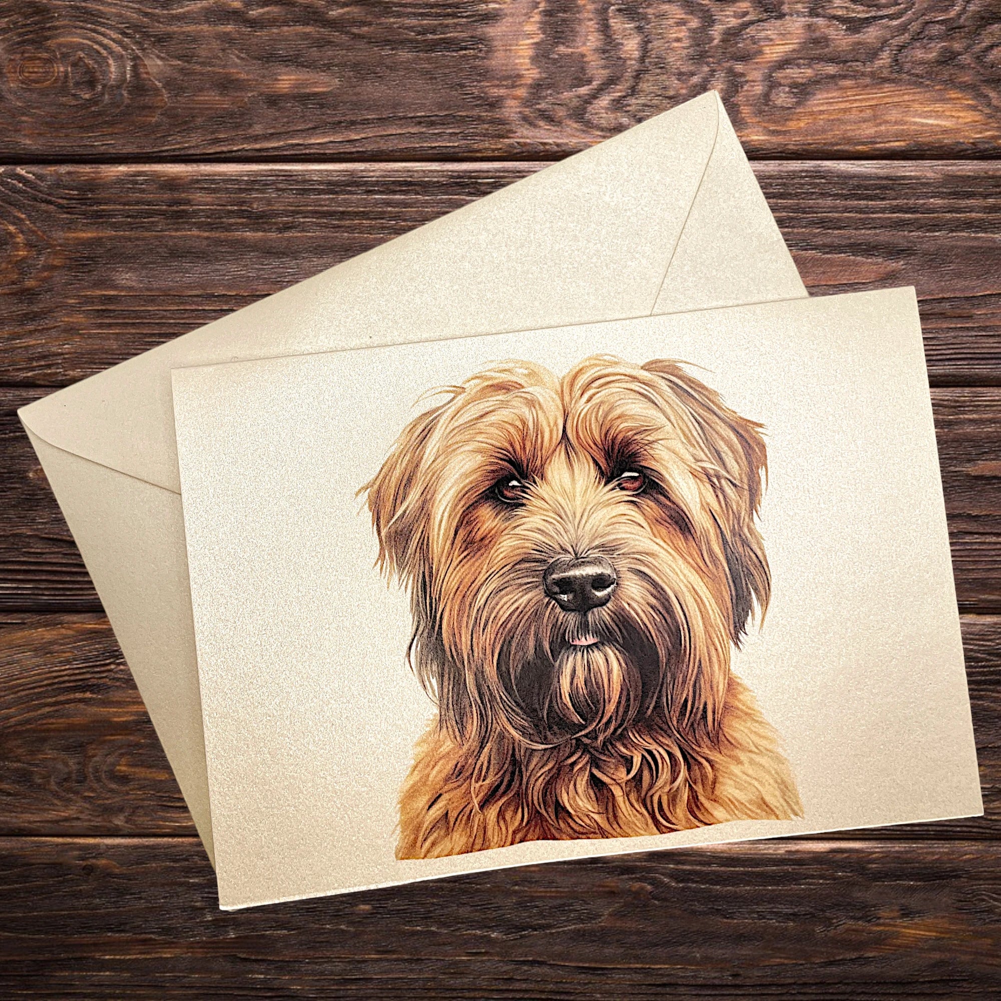 Hunde-Klappkarte mit Briard, präsentiert auf rustikalem Holztisch
