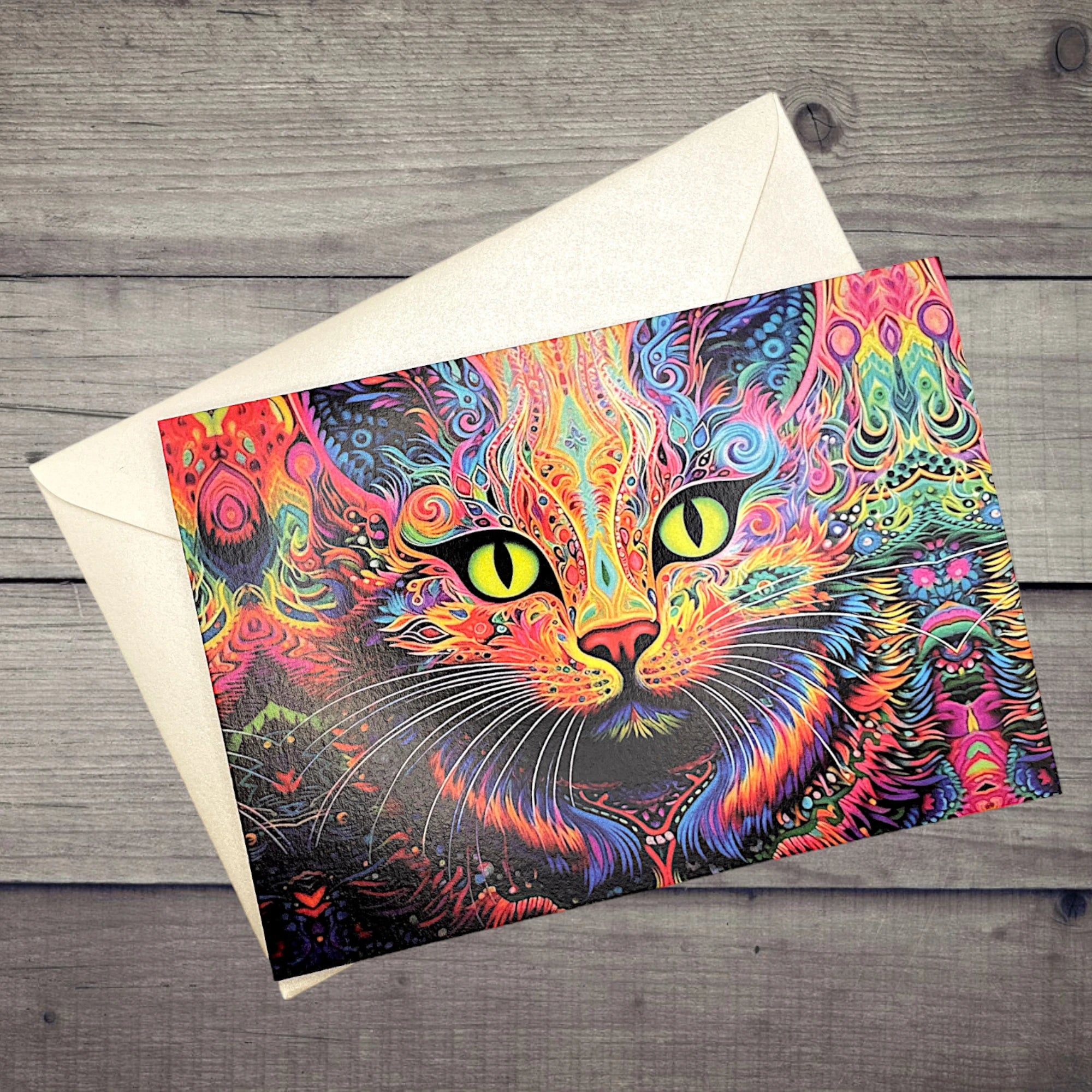 Künstlerische Klappkarte mit bunter Katze, dekorativ präsentiert auf rustikalem Holztisch