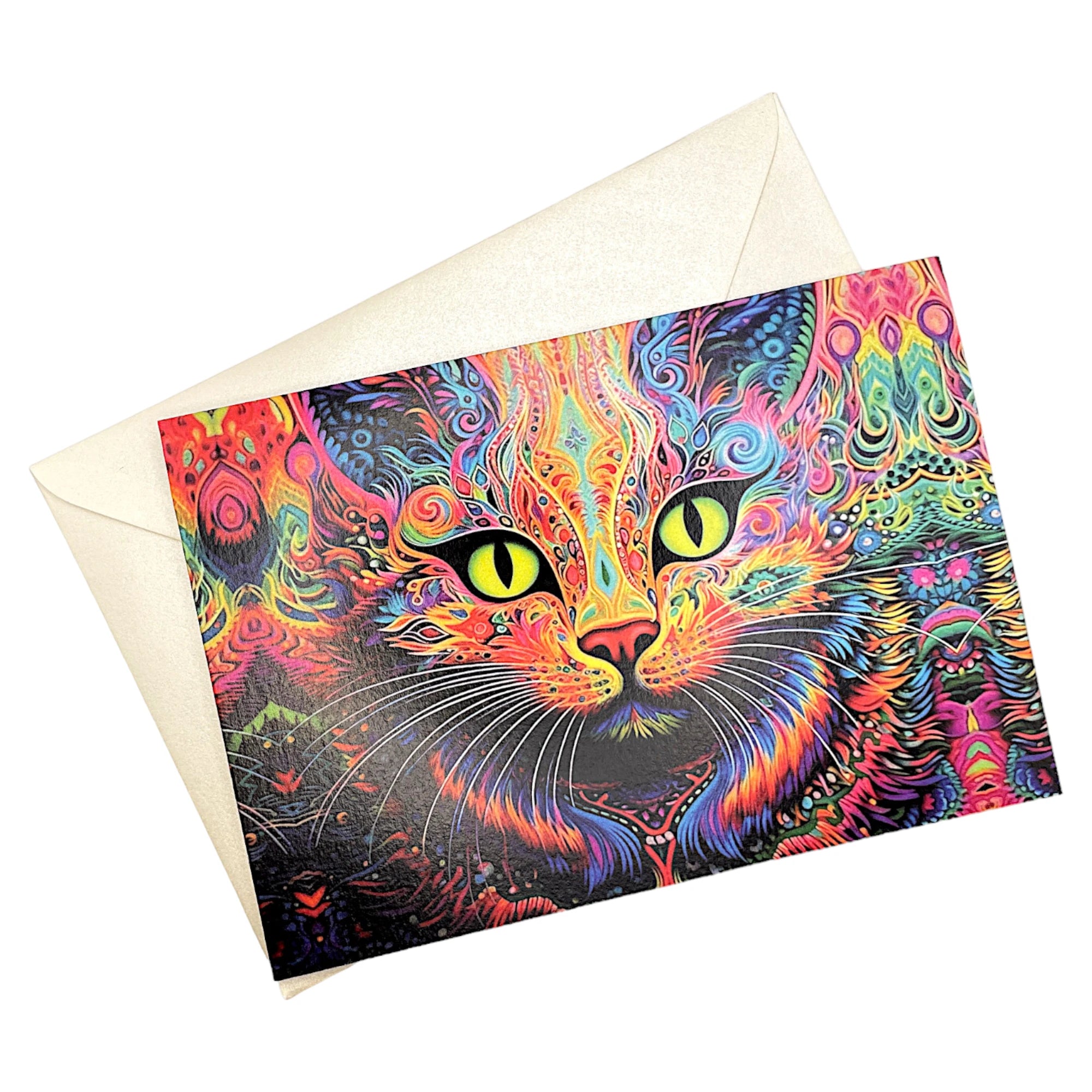 Klappkarte mit bunter Katze auf passendem Umschlag aus Perlglanzpapier