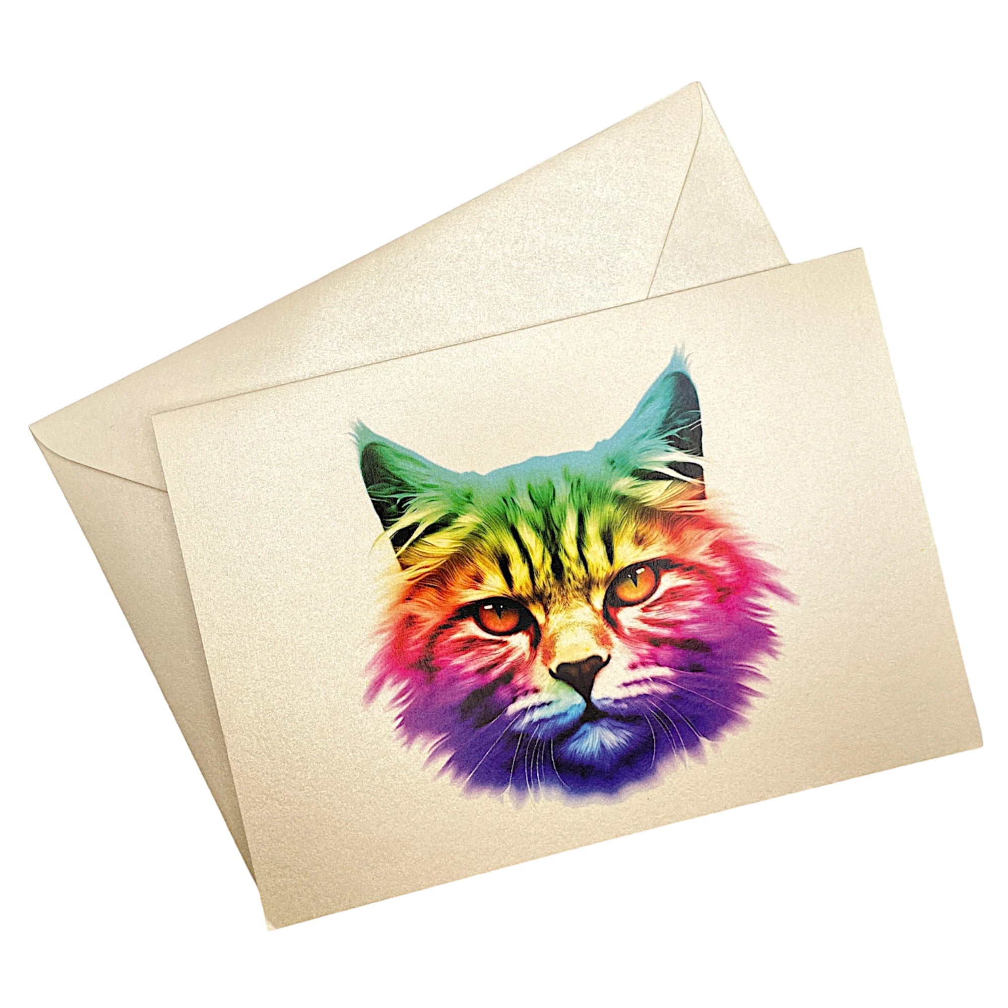 Klappkarte mit buntem Katzenkopf auf passendem Umschlag aus Perlglanzpapier