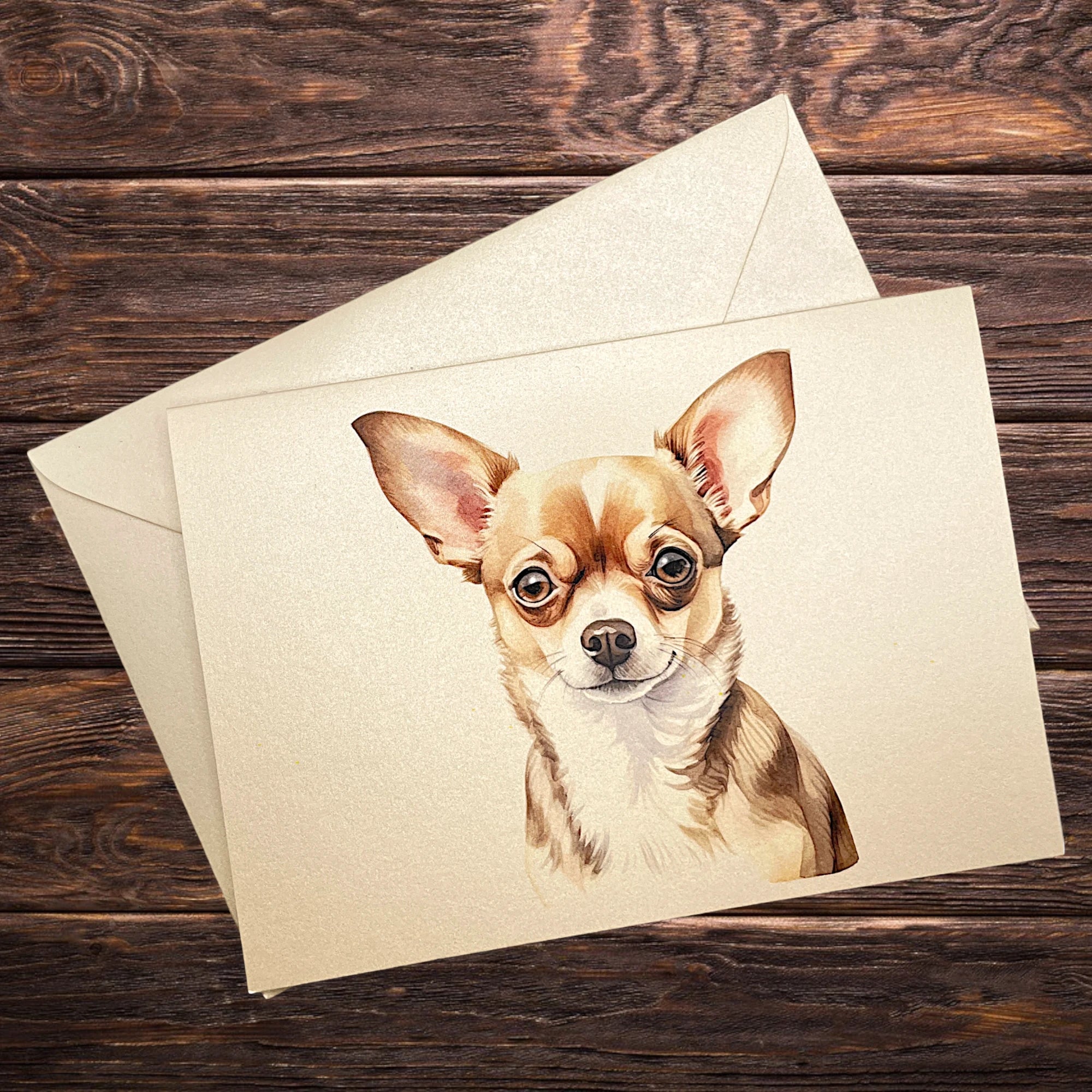 Hunde-Klappkarte mit Chihuahua, präsentiert auf rustikalem Holztisch