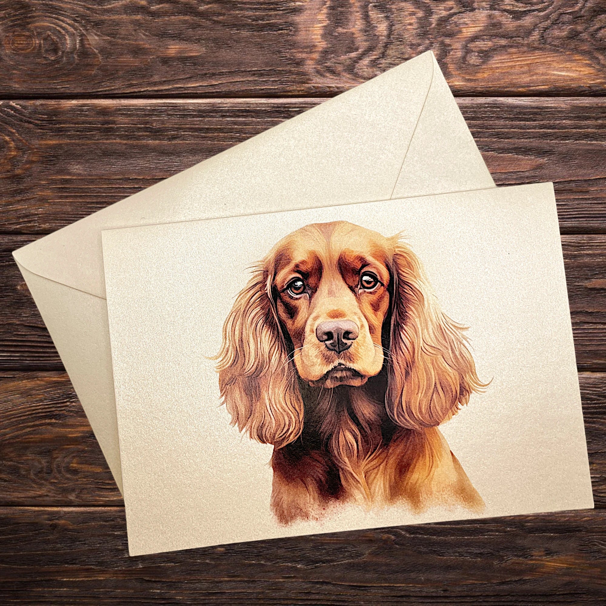 Hunde-Klappkarte mit Cockerspaniel, präsentiert auf rustikalem Holztisch