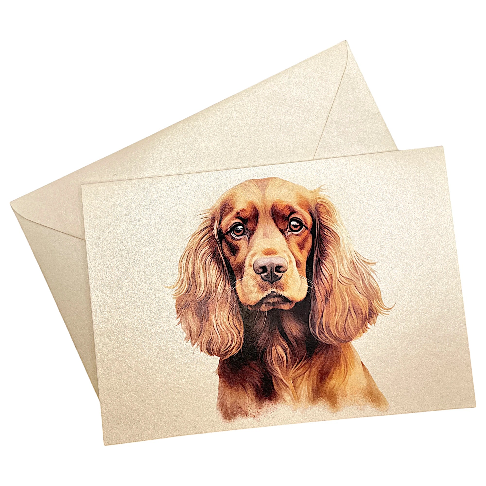 Hunde-Klappkarte mit Cockerspaniel, präsentiert auf rustikalem Holztisch