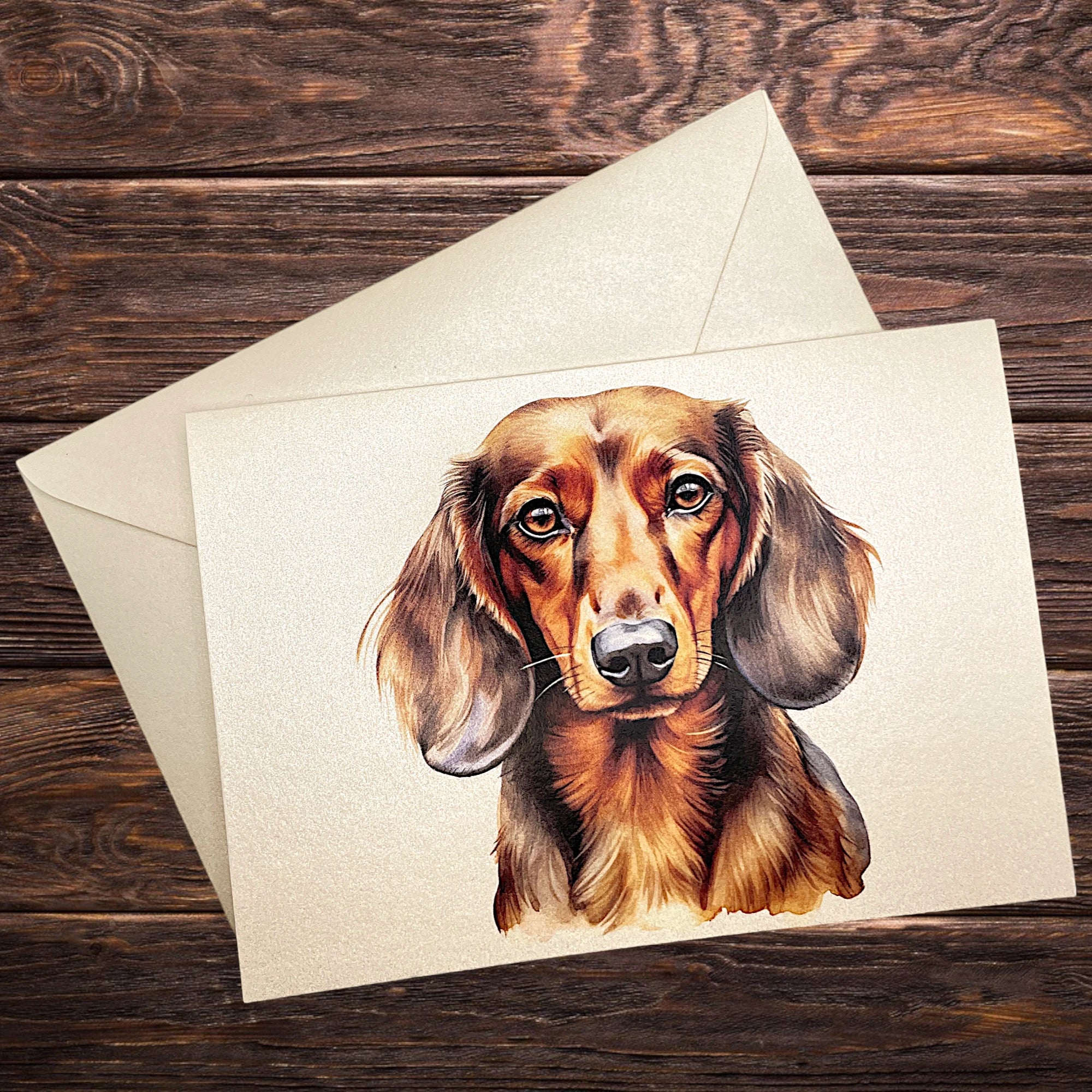 Hunde-Klappkarte mit Dackel, präsentiert auf rustikalem Holztisch