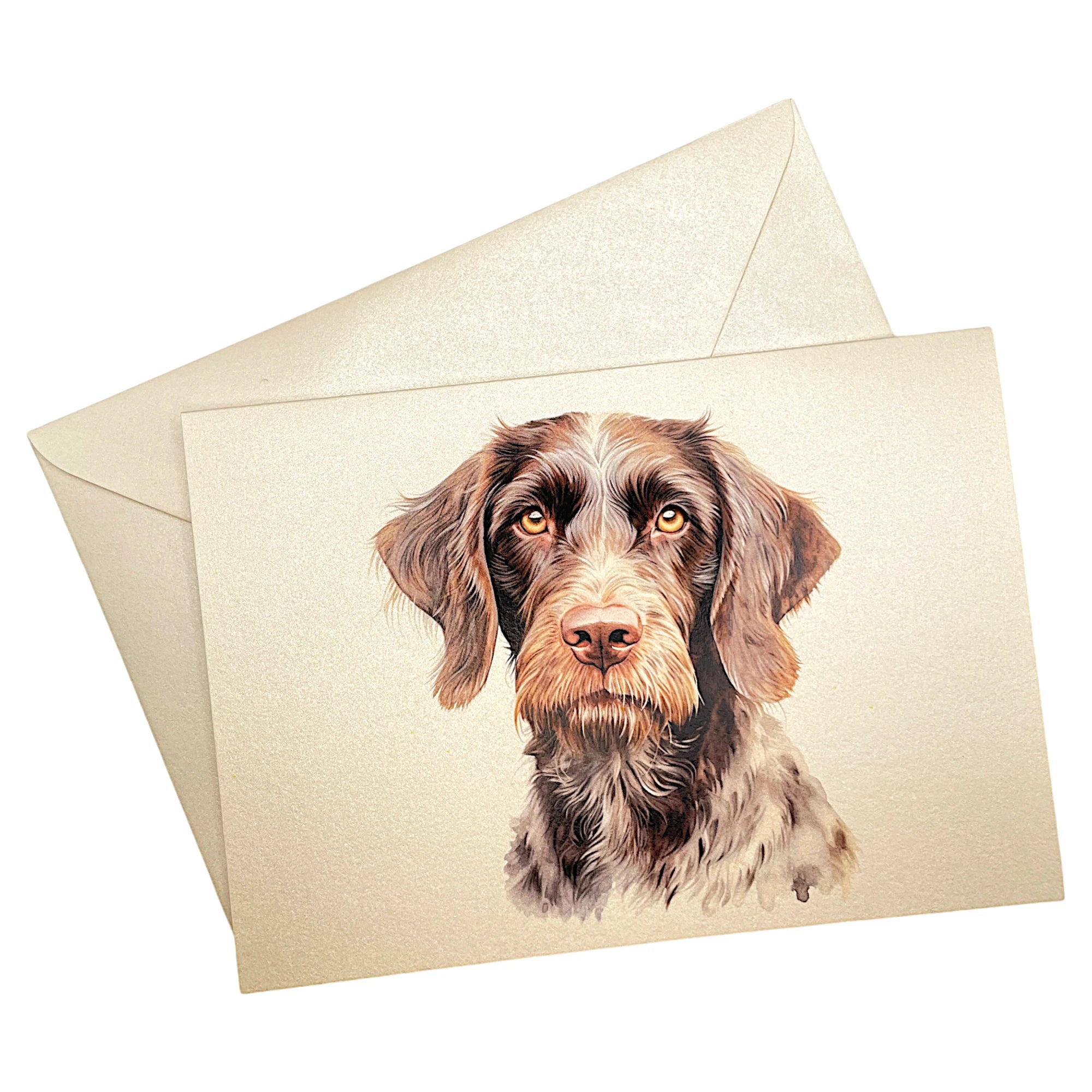Hochwertige Klappkarte mit Drahthaar-Hund auf passendem Umschlag aus Perlglanzpapier