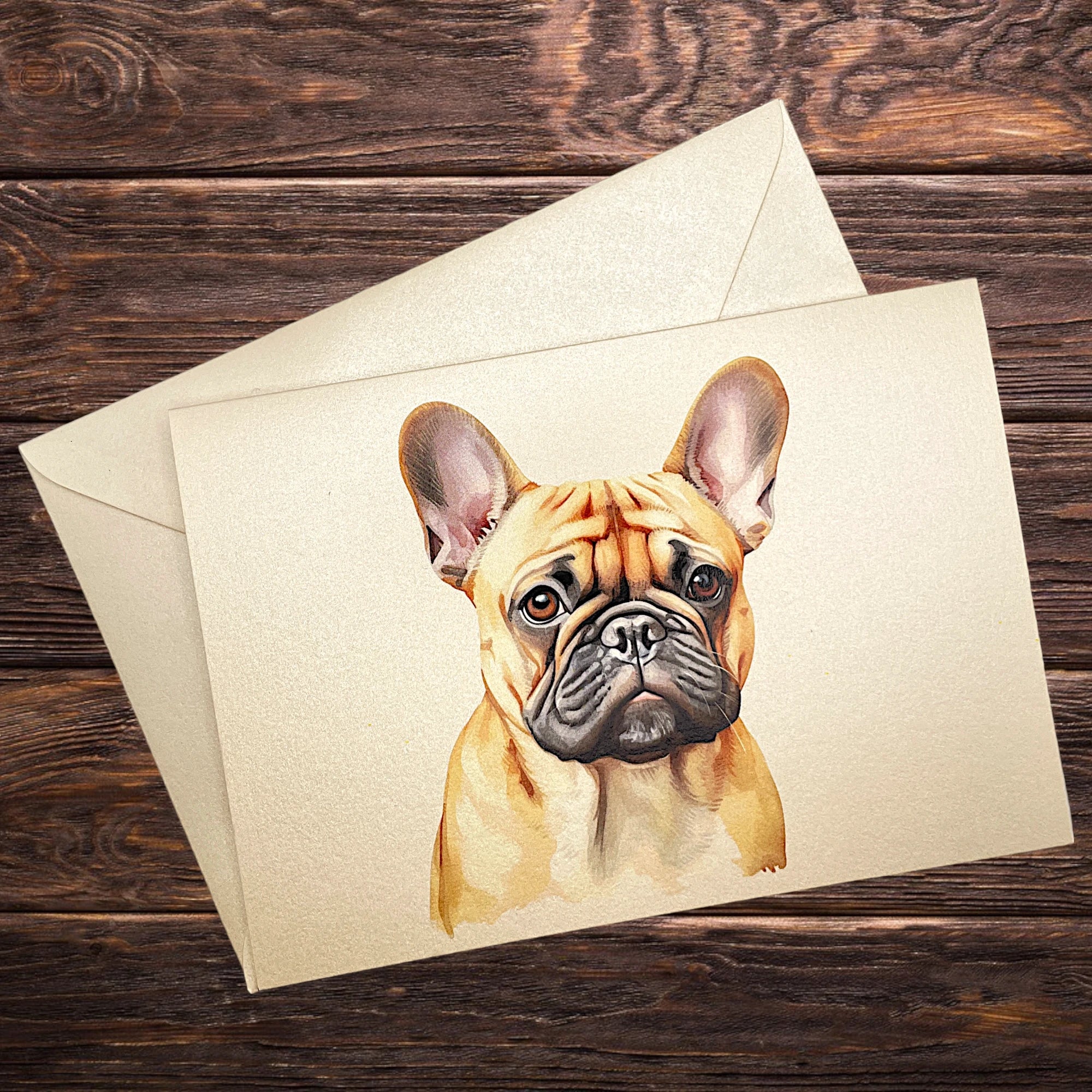 Hunde-Klappkarte mit Französischer Bulldogge, präsentiert auf rustikalem Holztisch