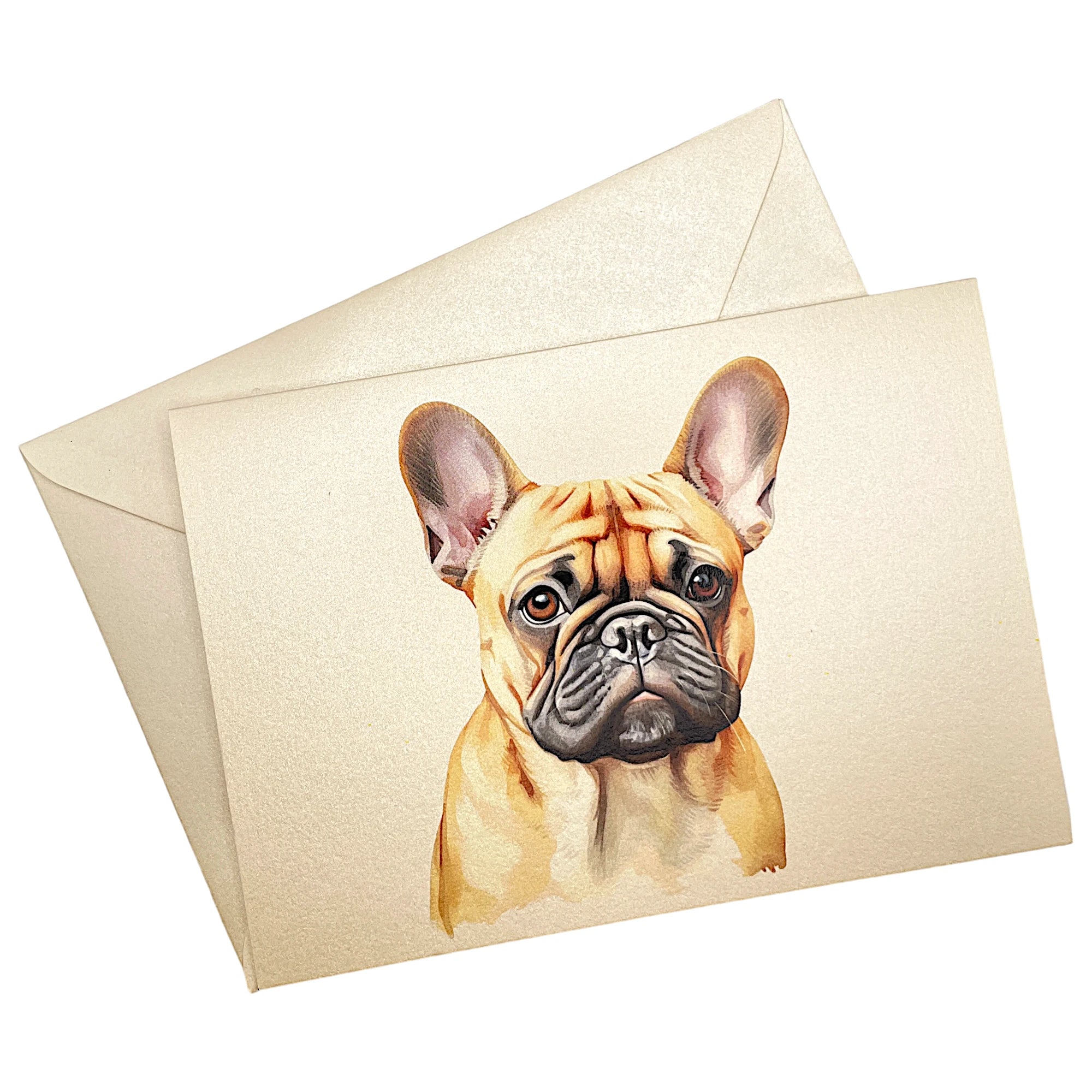 Klappkarte mit Französischer Bulldogge auf passendem Umschlag aus Perlglanzpapier