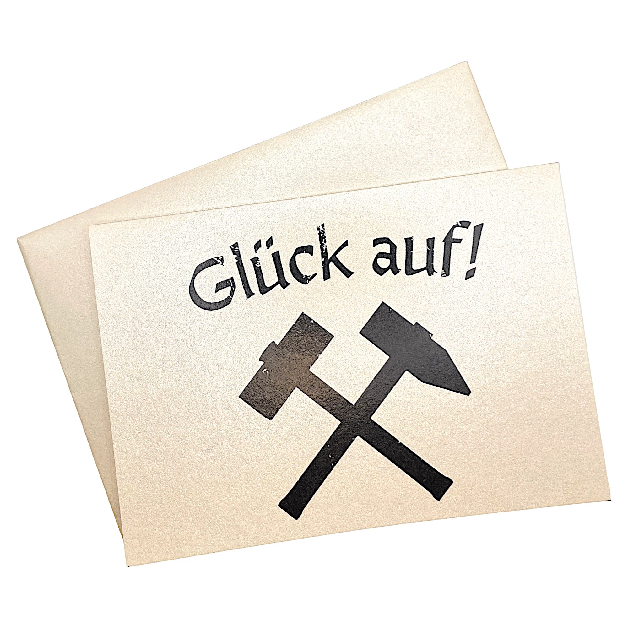 Klappkarte mit dem Bergbau-Symbol „Glück auf“ auf passendem Umschlag aus Perlglanzpapier