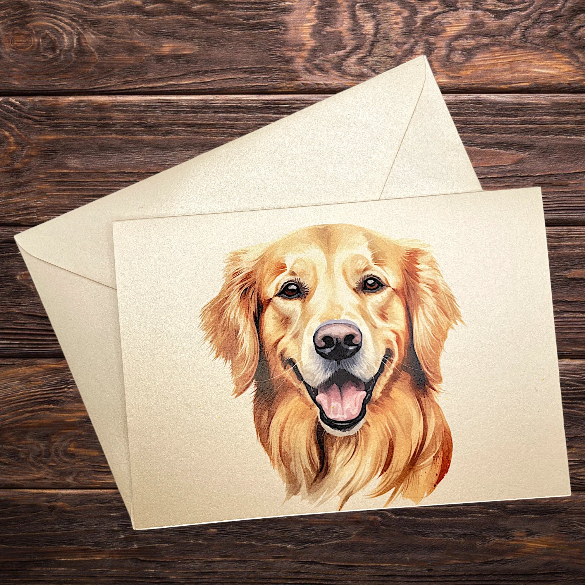 Hunde-Klappkarte mit Golden Retriever, präsentiert auf rustikalem Holztisch