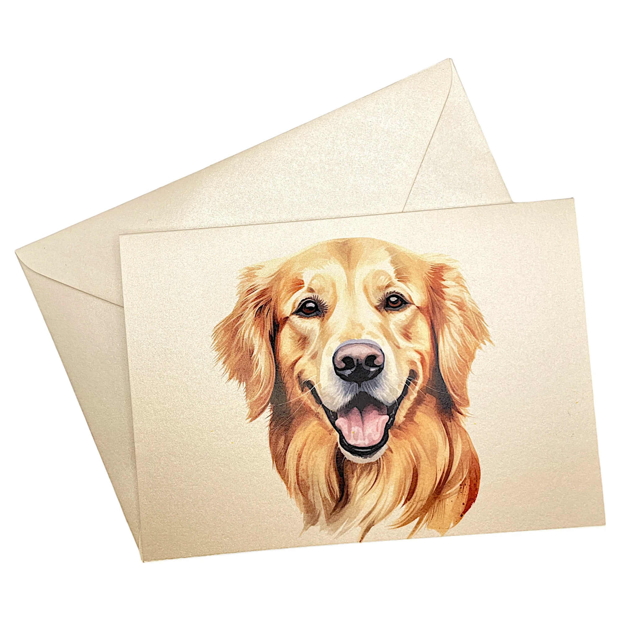 Klappkarte mit Golden Retriever auf passendem Umschlag aus Perlglanzpapier