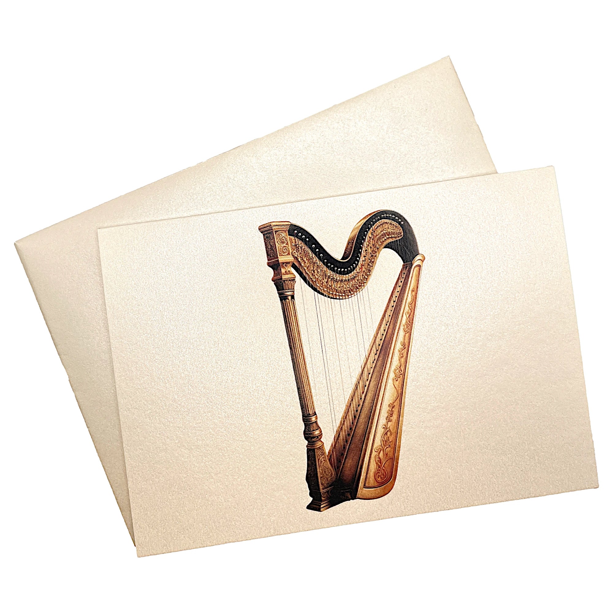 Klappkarte mit Harfe auf schimmerndem Umschlag aus Perlglanzpapier