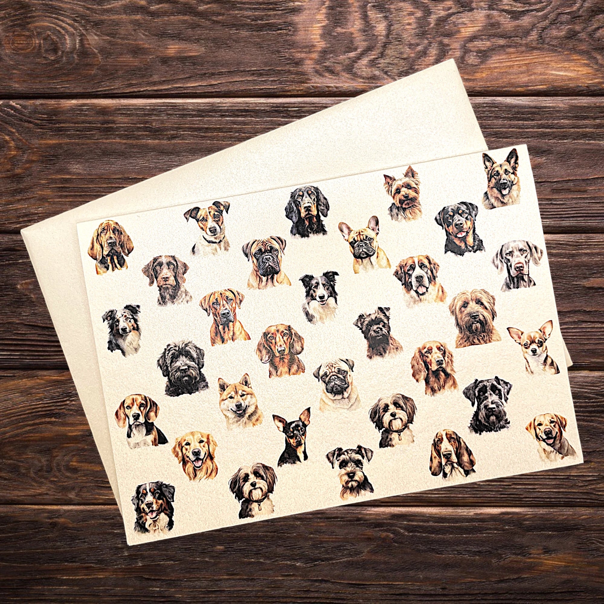 Hunde-Klappkarte mit verschiedenen Hunderassen, präsentiert auf rustikalem Holztisch