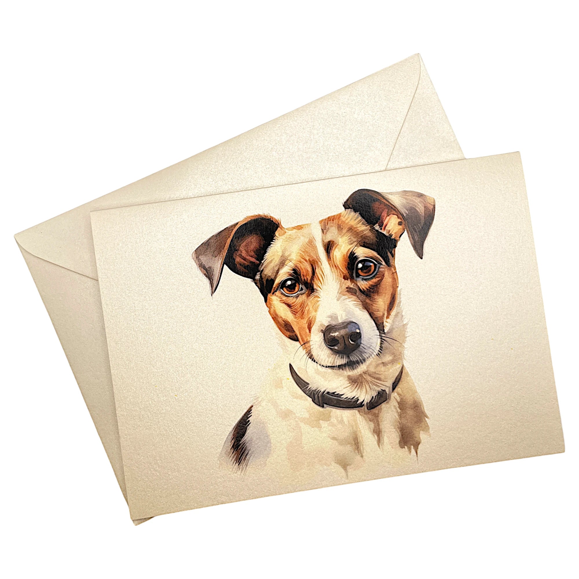 Klappkarte mit Jack Russell Terrier auf passendem Umschlag aus Perlglanzpapier