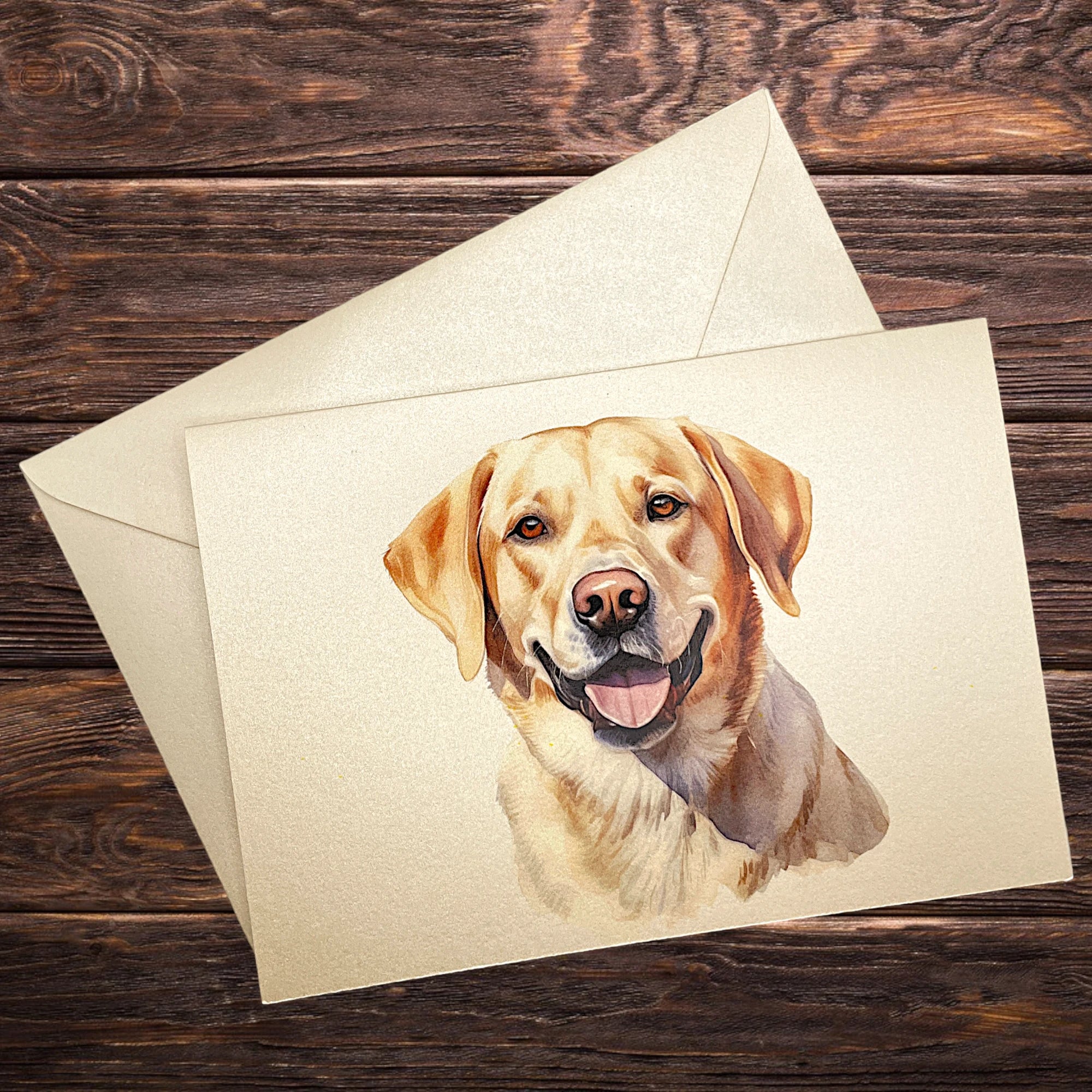 Hunde-Klappkarte mit Labrador Retriever, dekorativ präsentiert auf rustikalem Holztisch