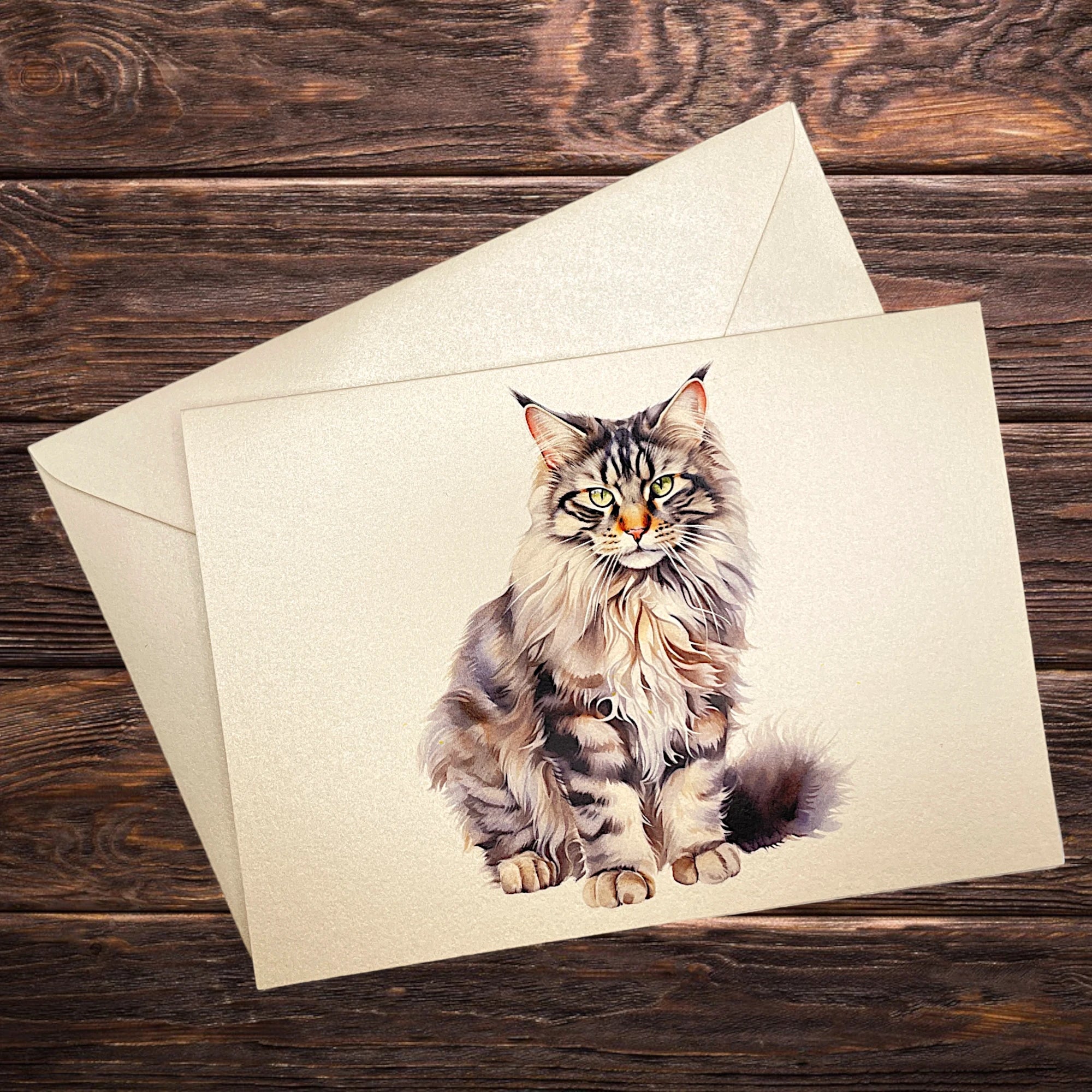 Edle Klappkarte mit Maine Coon, dekorativ präsentiert auf rustikalem Holztisch